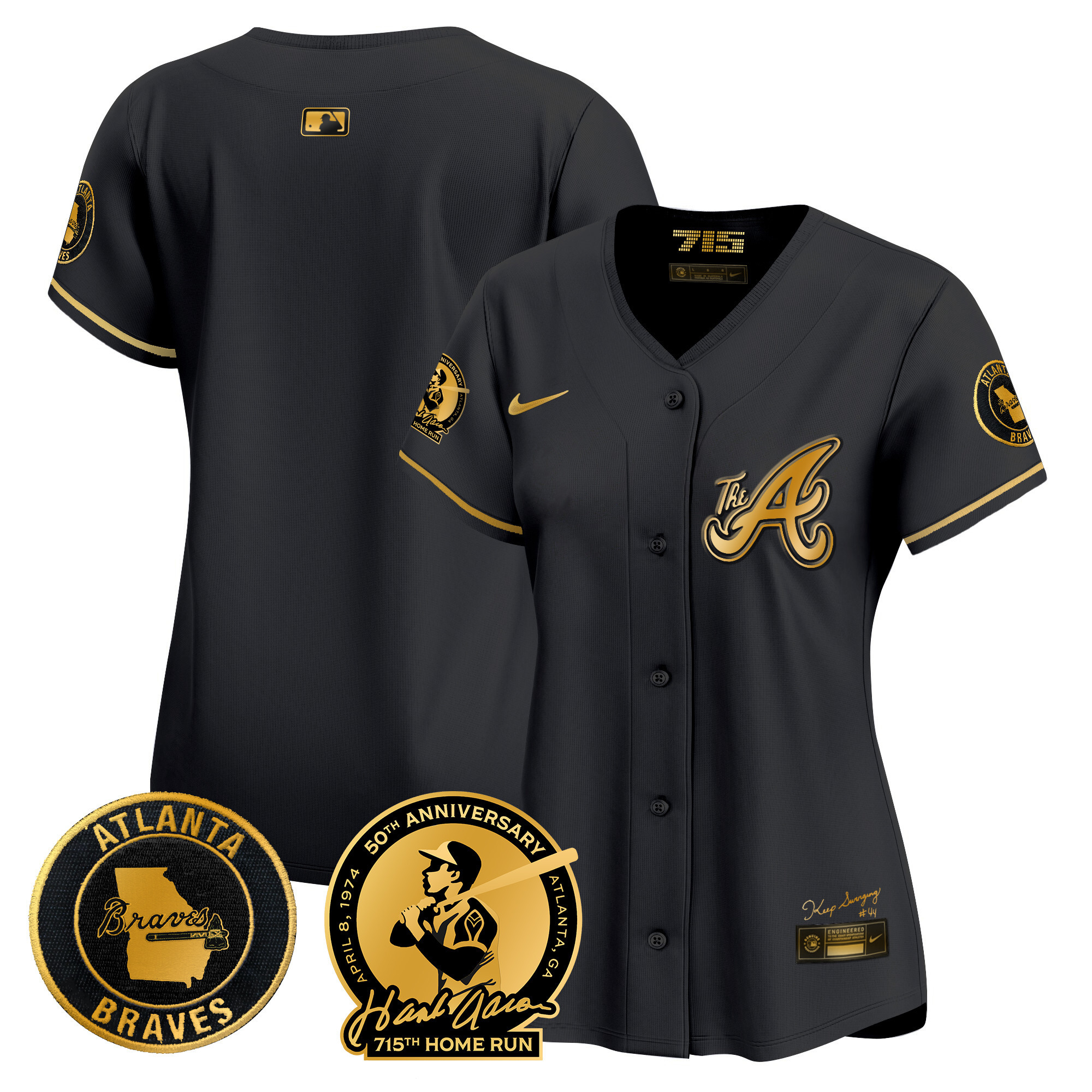 Team Women's Atlanta Braves Hank Aaron 715th Home Run Patch Vapor Premier Limited V2 Black Gold Jersey - All Stitched