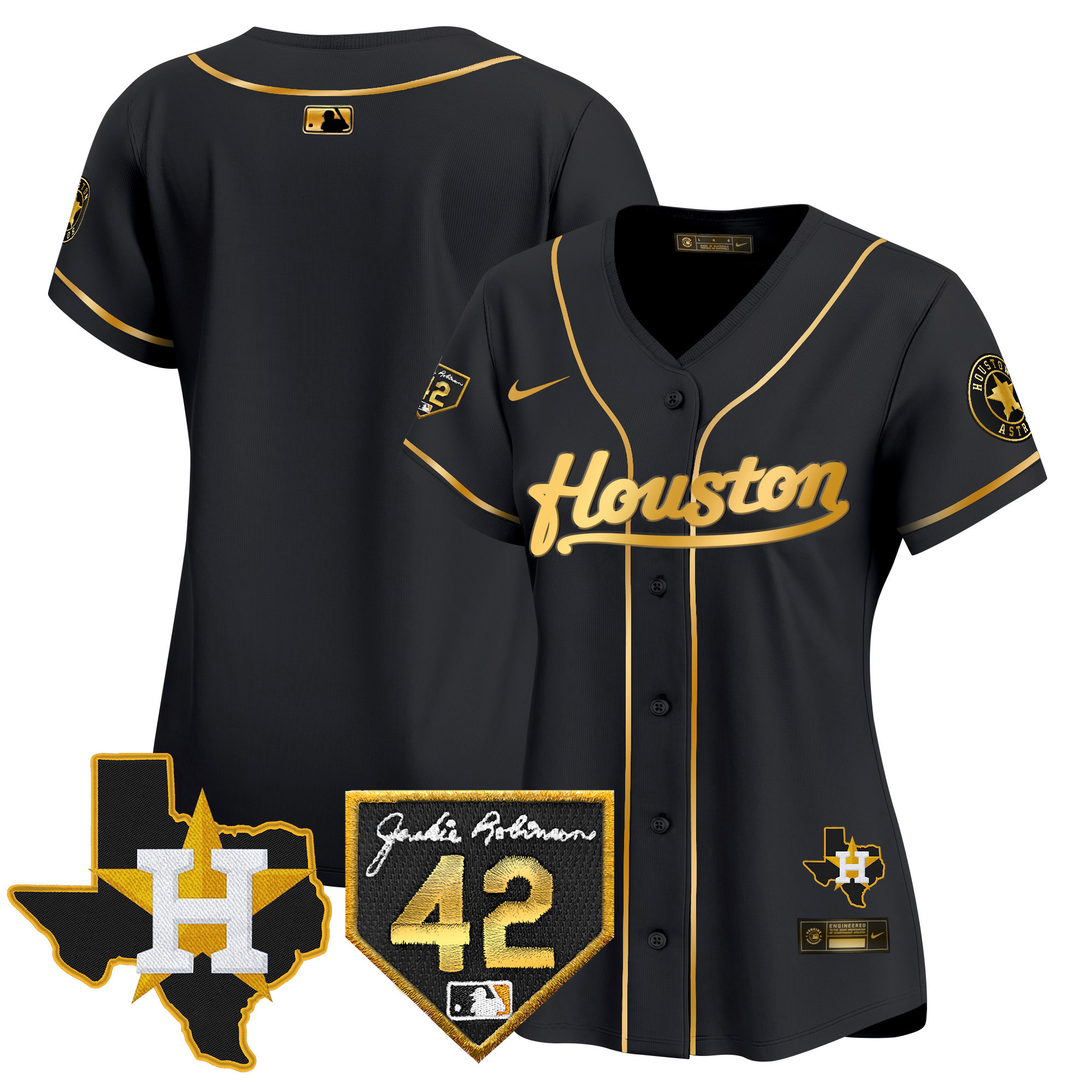 Team Women's Houston Astros 2024 Jackie Robinson Patch Vapor Premier Limited Black Gold Jersey - All Stitched