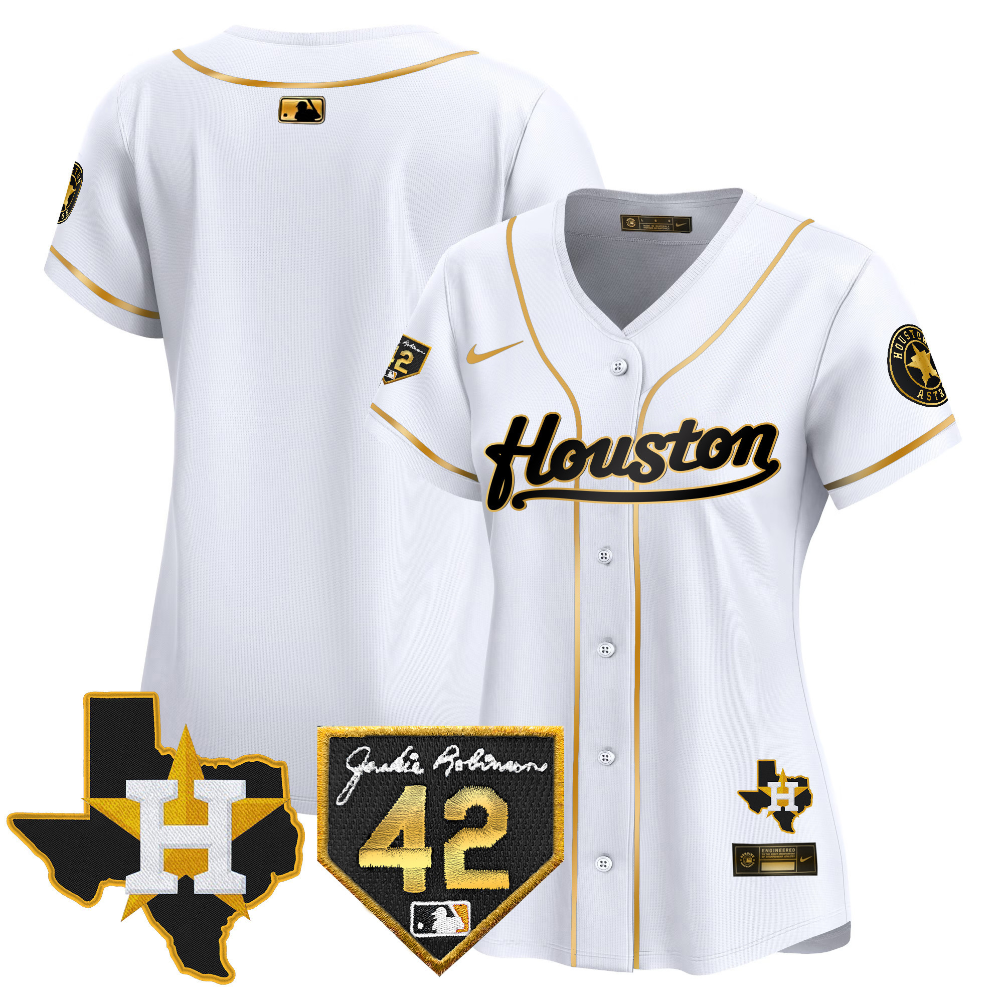 Team Women's Houston Astros 2024 Jackie Robinson Patch Vapor Premier Limited White Gold Jersey - All Stitched