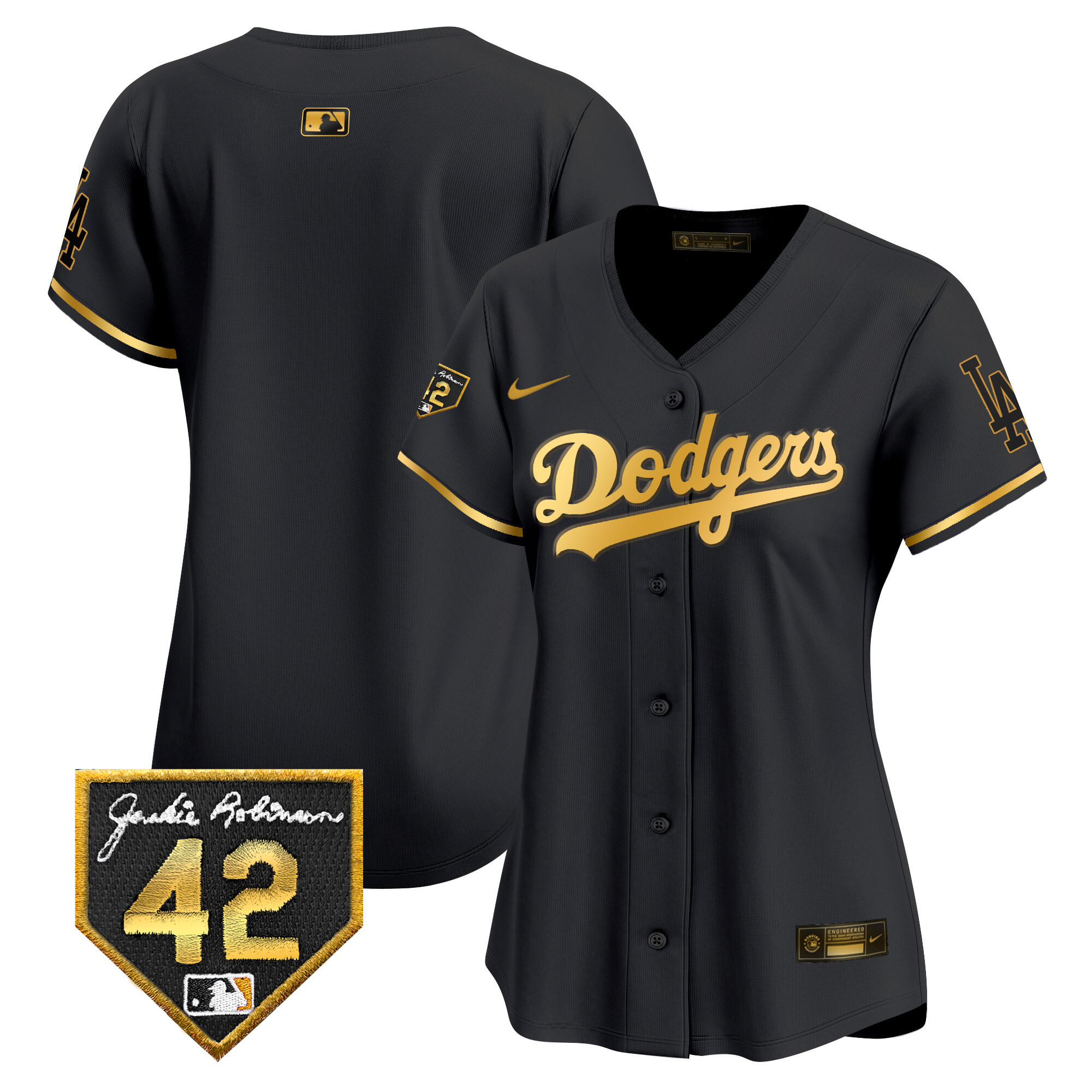 Team Women's Los Angeles Dodgers 2024 Jackie Robinson Patch Vapor Premier Limited Black Gold Jersey - All Stitched