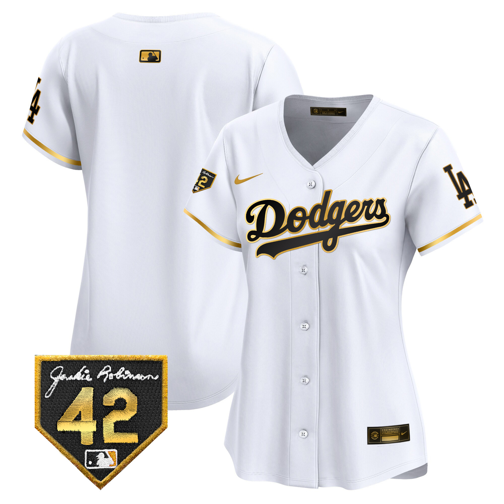 Team Women's Los Angeles Dodgers 2024 Jackie Robinson Patch Vapor Premier Limited White Gold Jersey - All Stitched