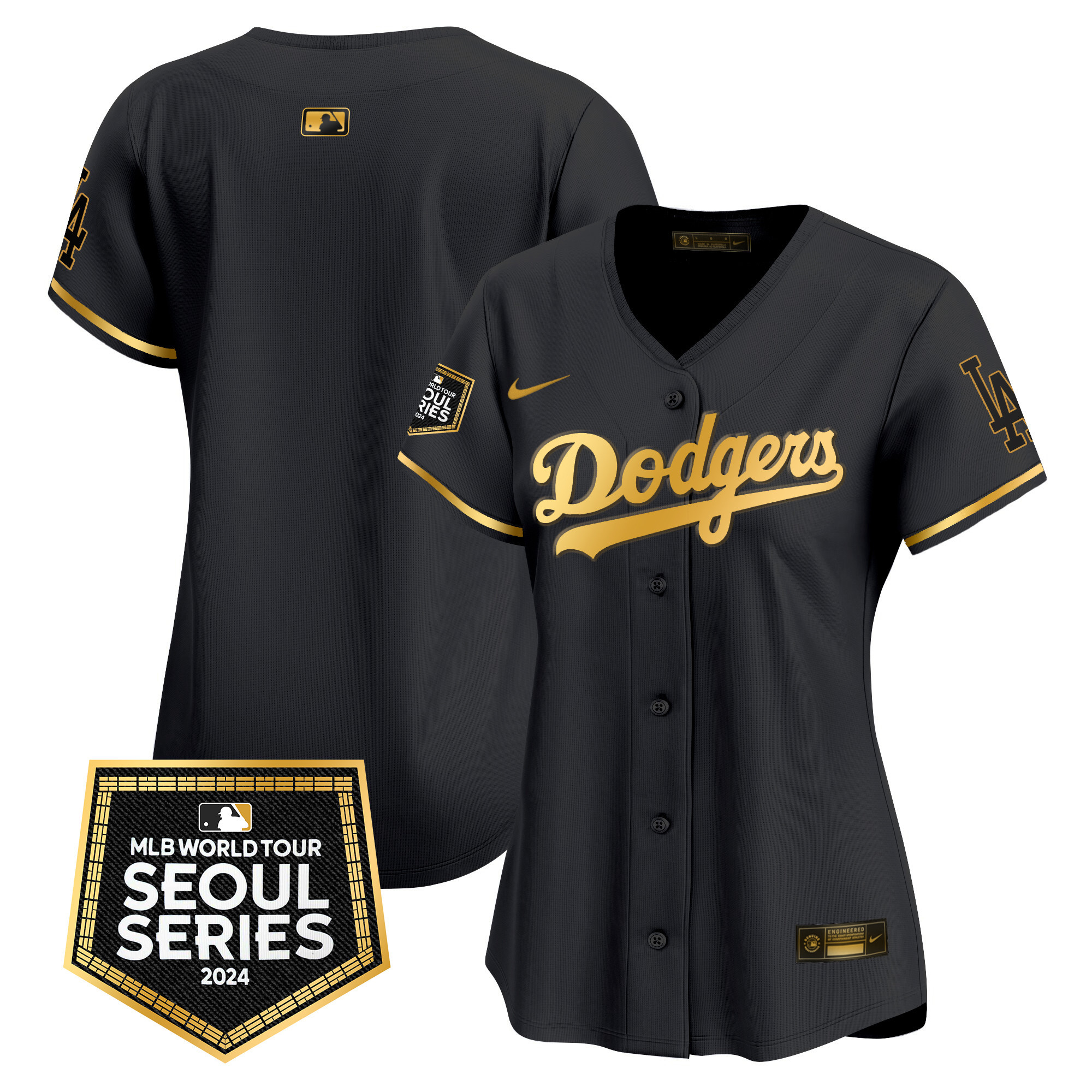 Team Women's Los Angeles Dodgers 2024 World Tour Seoul Series Patch Vapor Premier Limited Black Gold Jersey - All Stitched