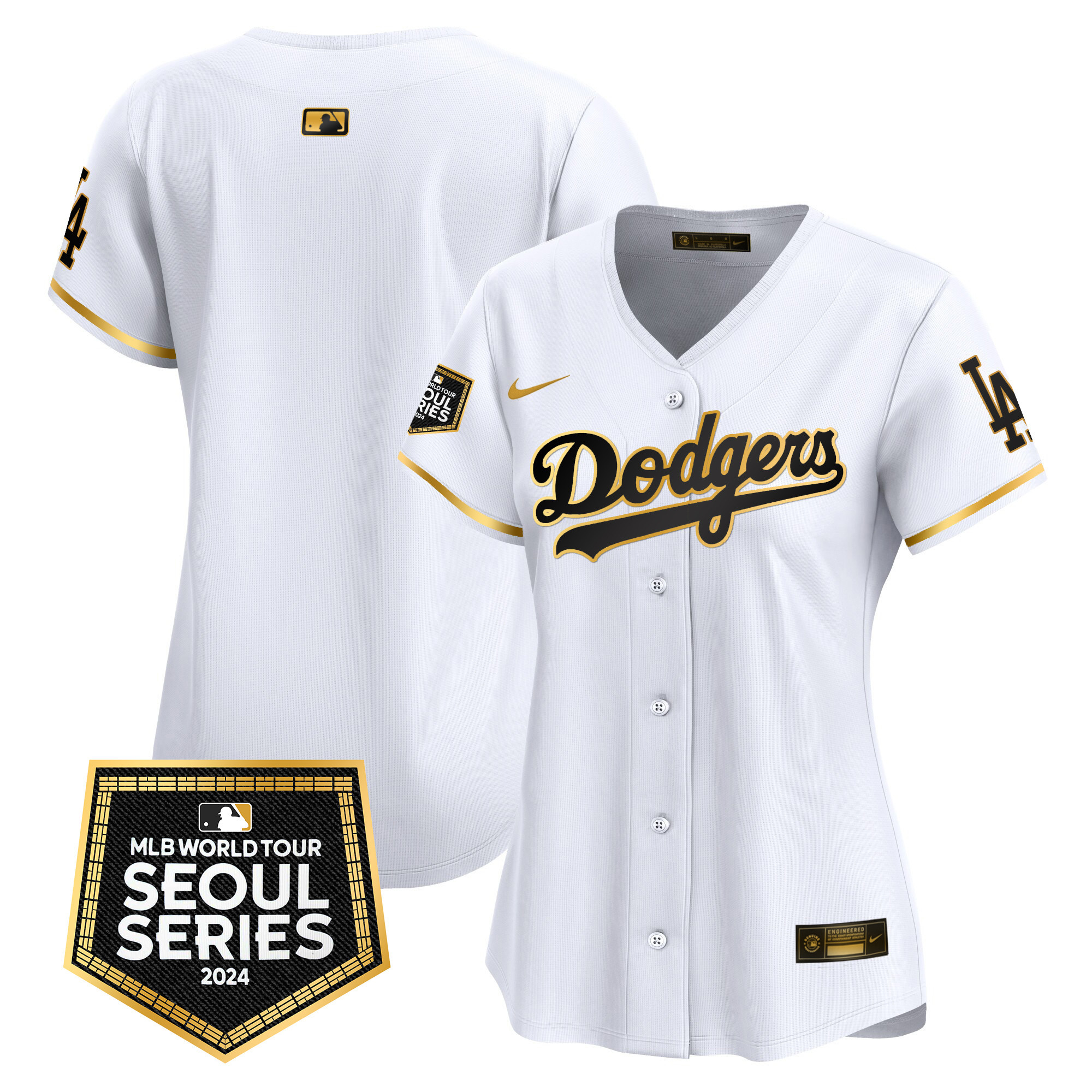Team Women's Los Angeles Dodgers 2024 World Tour Seoul Series Patch Vapor Premier Limited White Gold Jersey - All Stitched