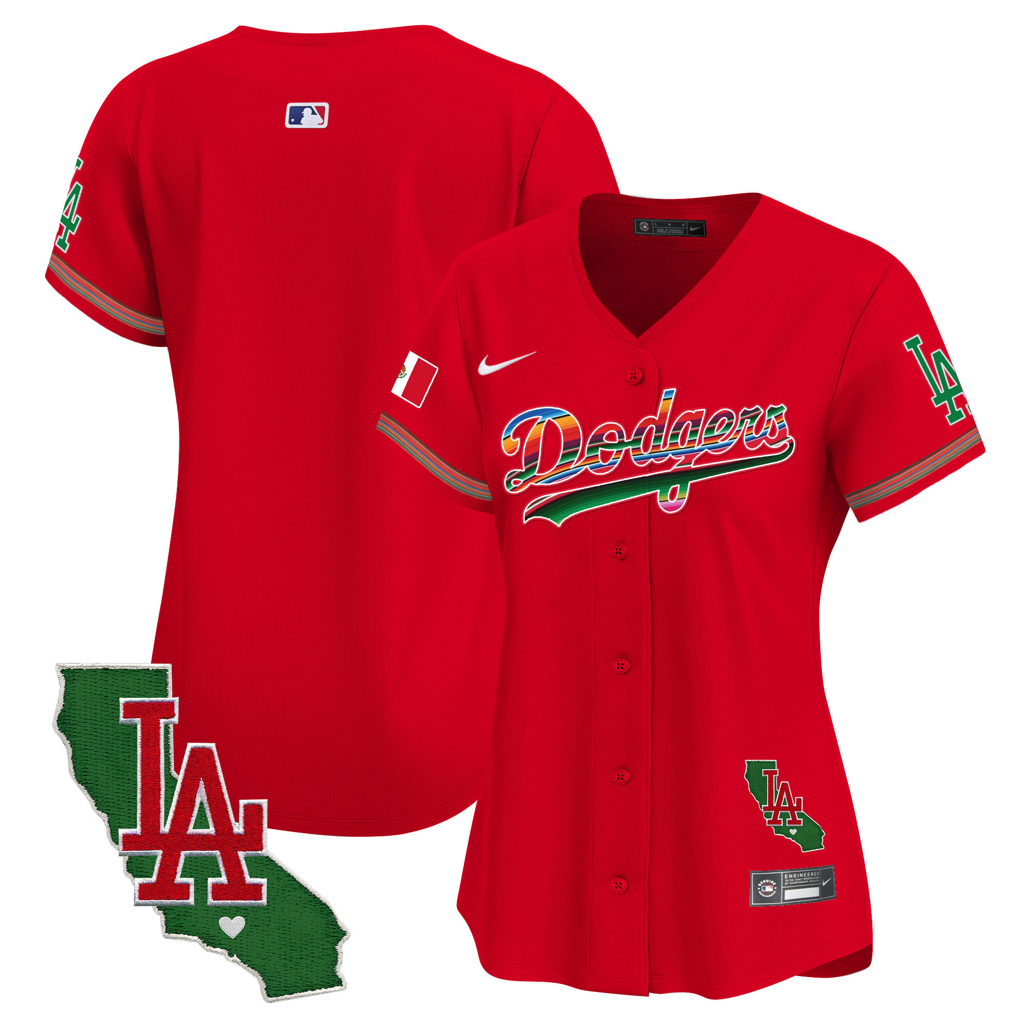Team Women's Los Angeles Dodgers Mexico California Patch Vapor Premier Limited V2 Red Jersey - All Stitched