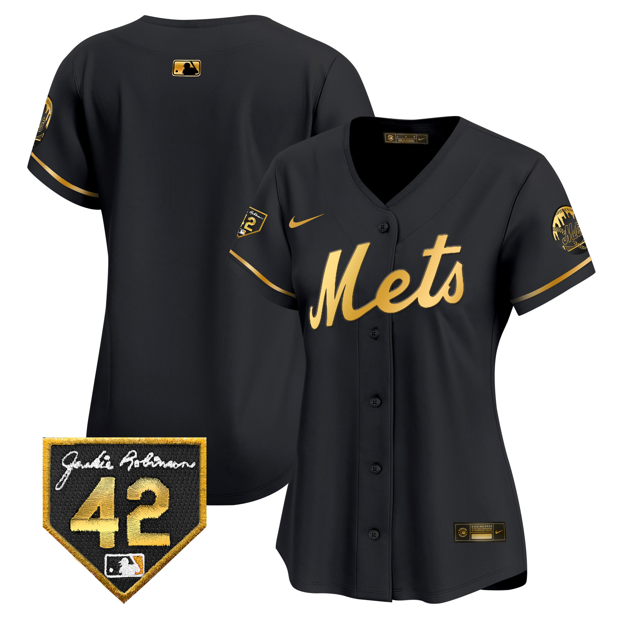 Team Women's New York Mets 2024 Jackie Robinson Patch Vapor Premier Limited Black Gold Jersey - All Stitched