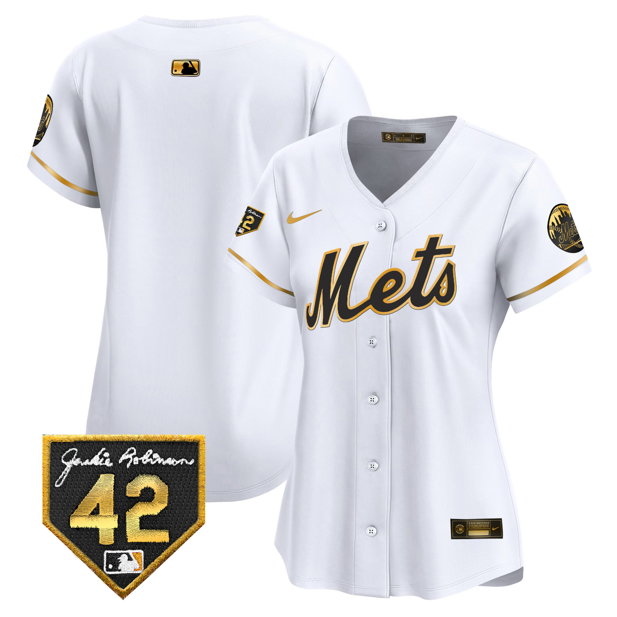 Team Women's New York Mets 2024 Jackie Robinson Patch Vapor Premier Limited White Gold Jersey - All Stitched