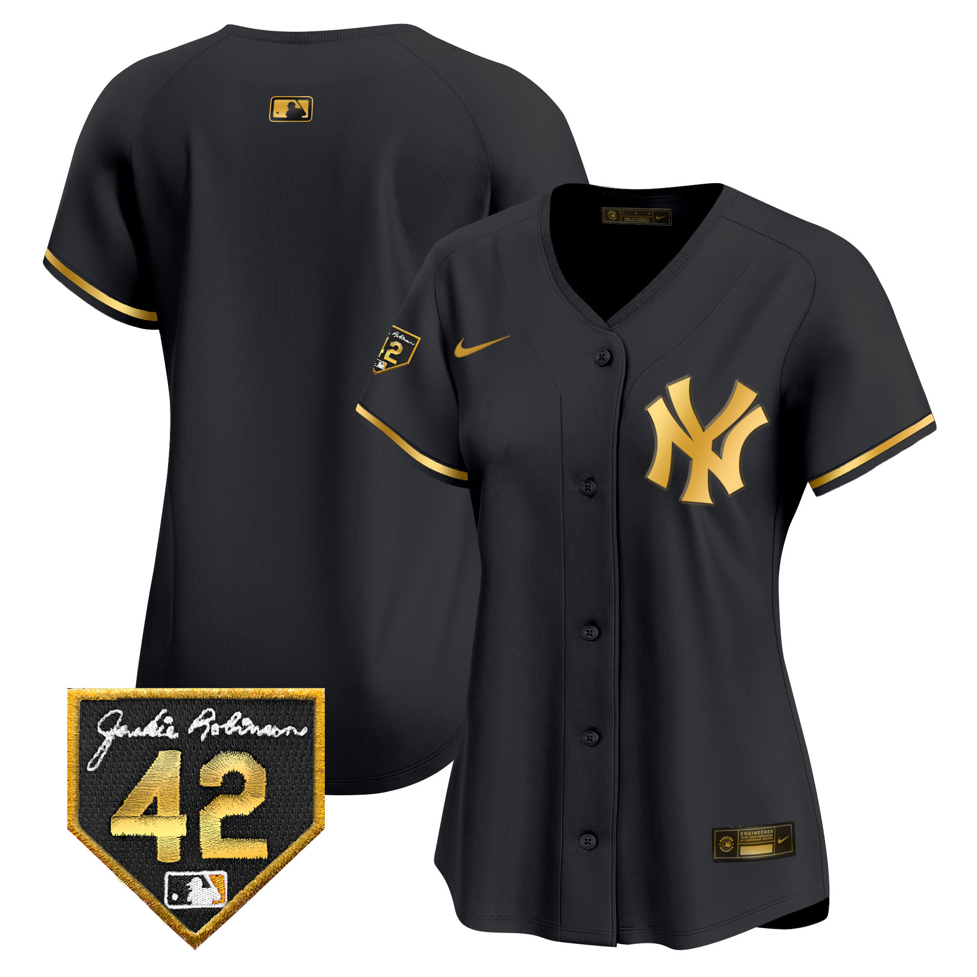 Team Women's New York Yankees 2024 Jackie Robinson Patch Vapor Premier Limited Black Gold Jersey - All Stitched