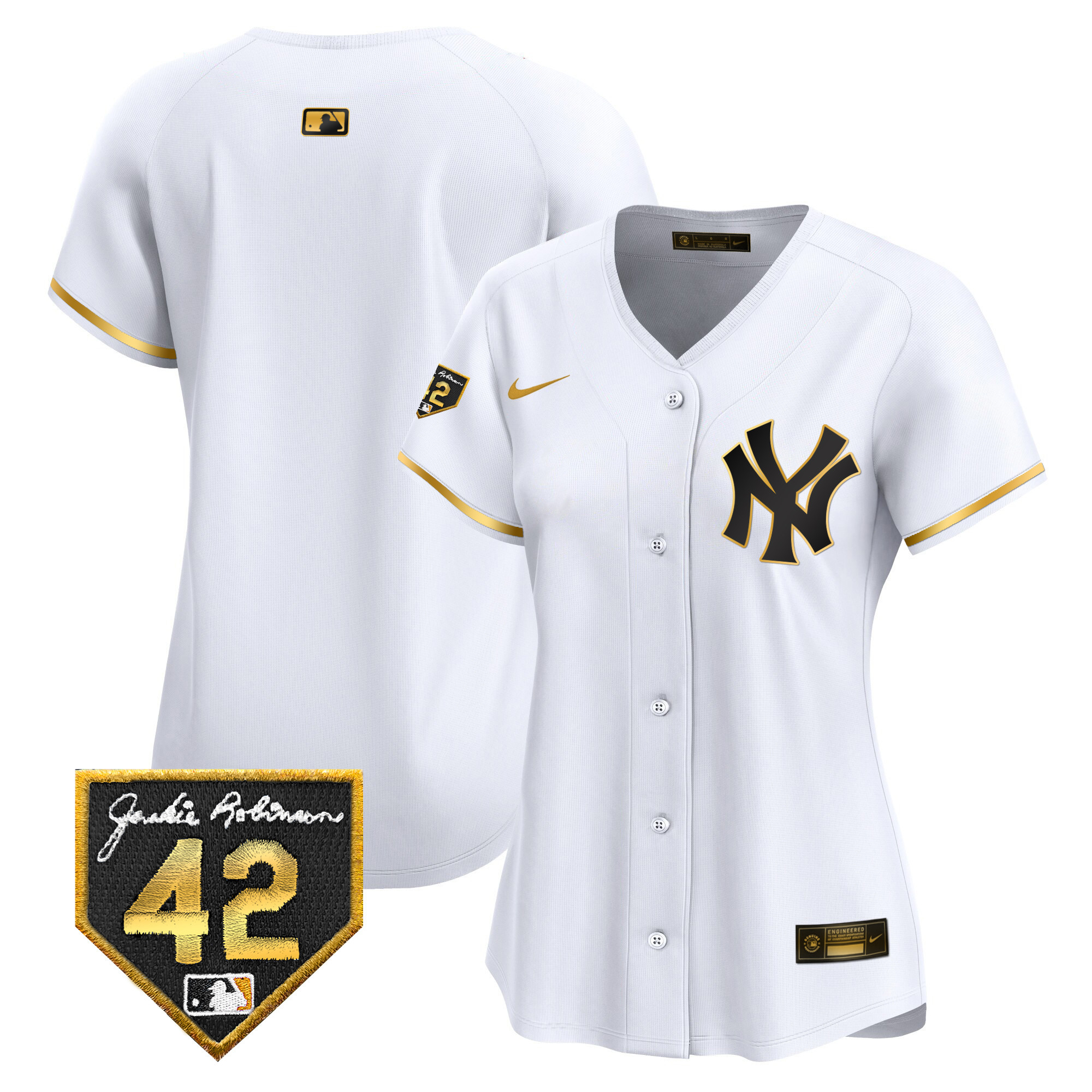 Team Women's New York Yankees 2024 Jackie Robinson Patch Vapor Premier Limited White Gold Jersey - All Stitched