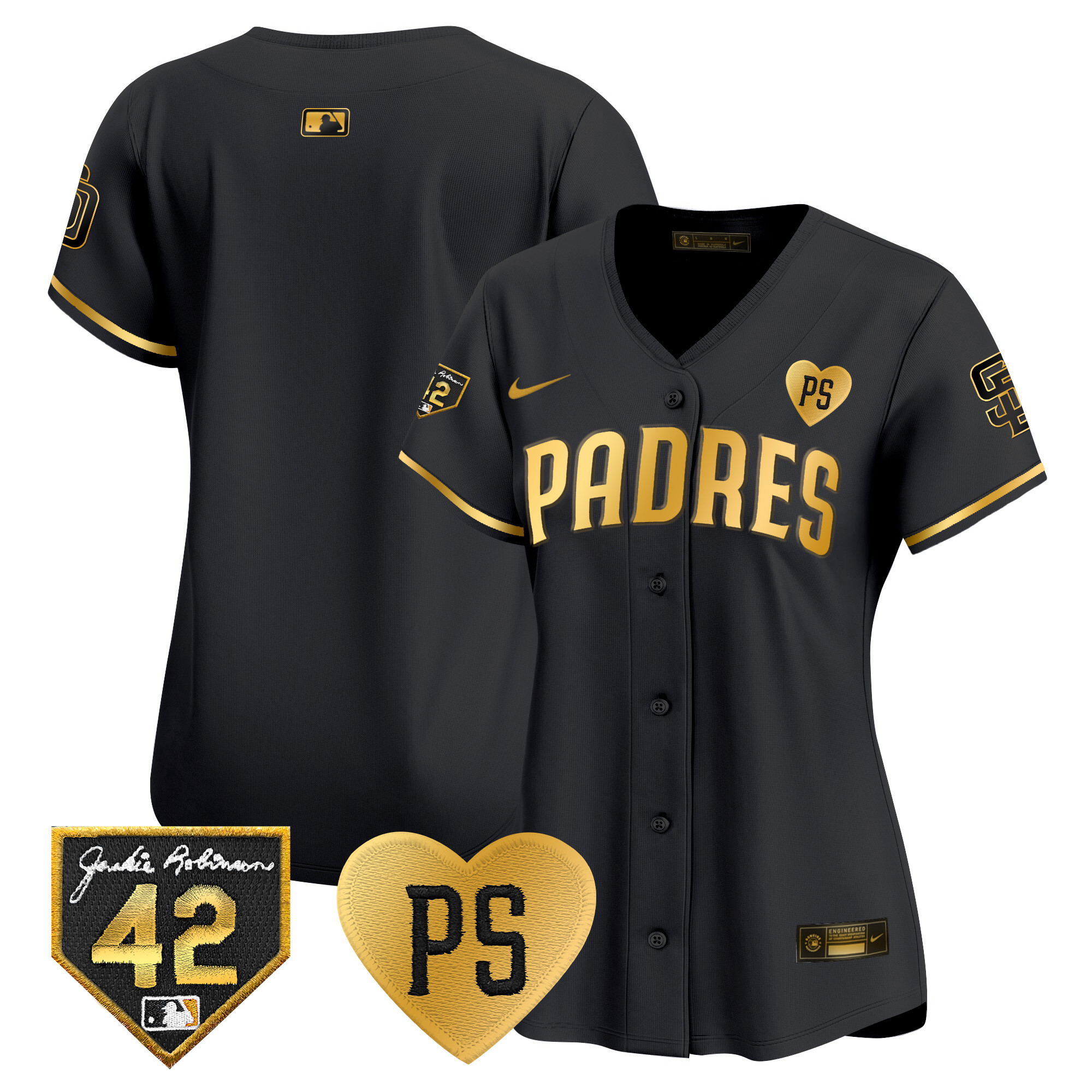 Team Women's San Diego Padres 2024 "For Peter" & Robinson Patch Vapor Premier Limited Black Gold Jersey - All Stitched