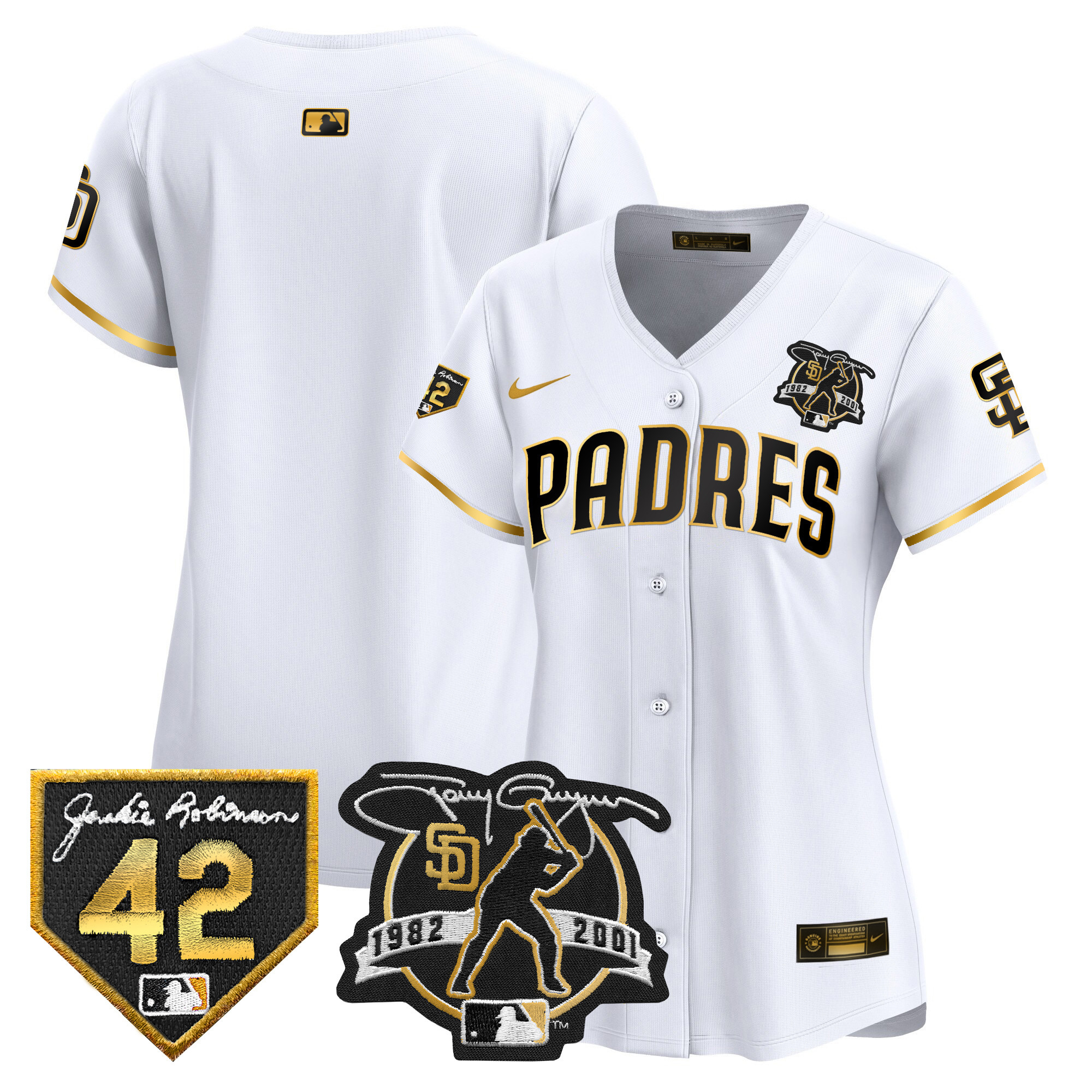 Team Women's San Diego Padres 2024 Tony Gwynn & Robinson Patch Vapor Premier Limited White Gold Jersey - All Stitched
