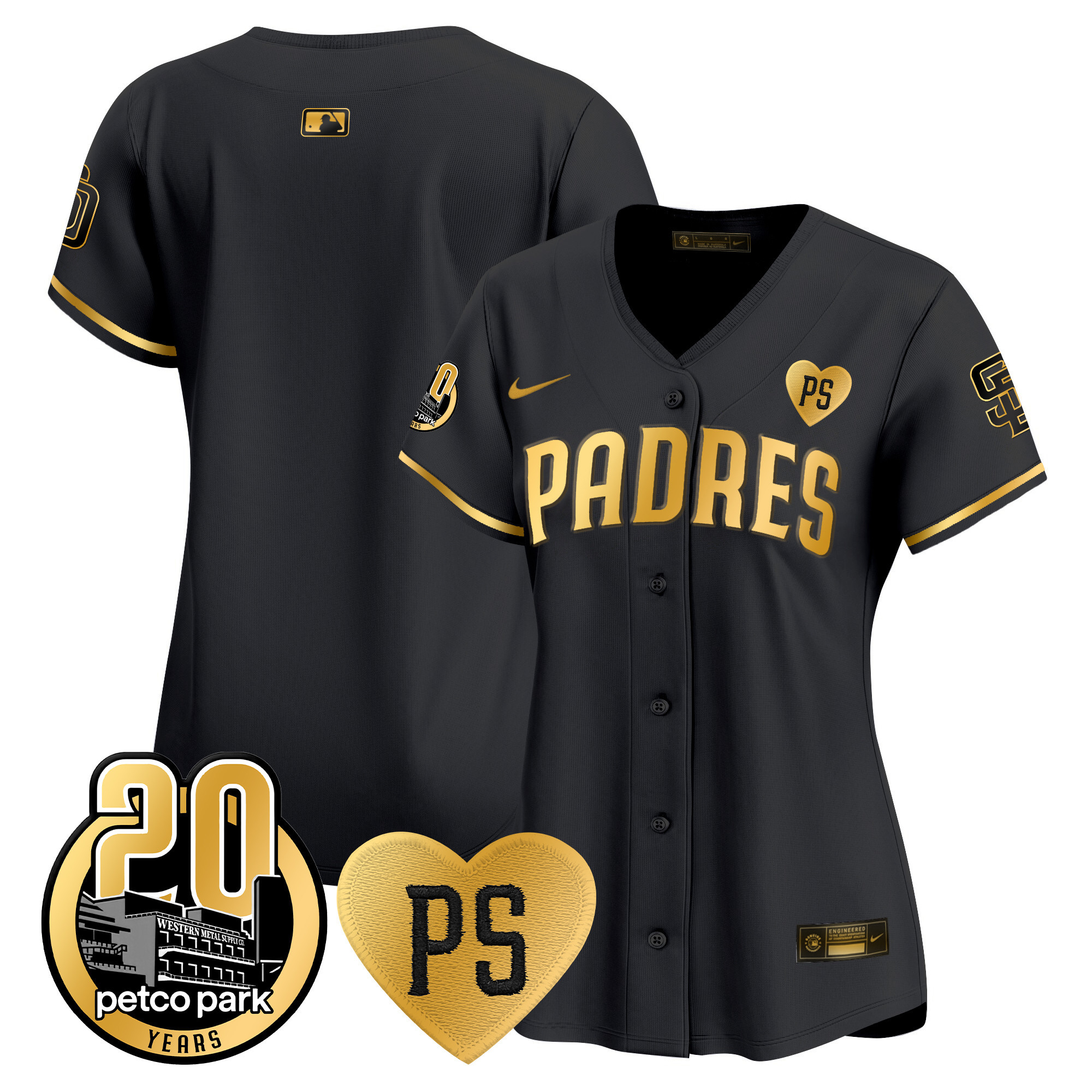 Team Women's San Diego Padres "For Peter" & Petco Park 20th Patch Vapor Premier Limited Black Gold Jersey - All Stitched