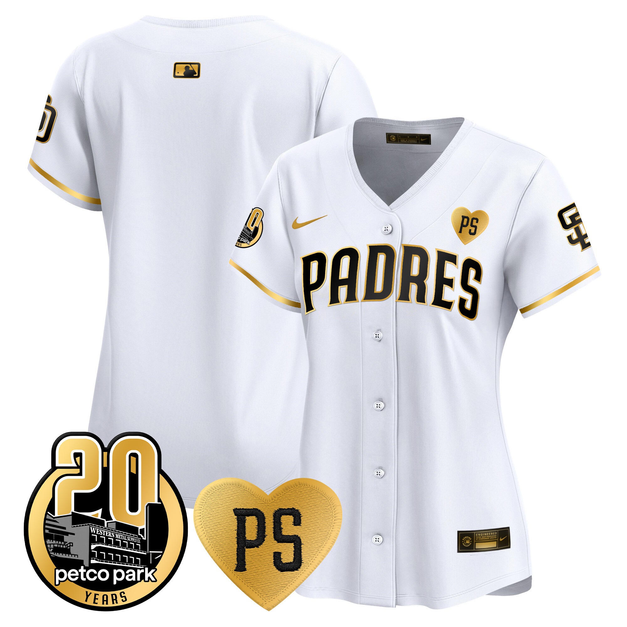Team Women's San Diego Padres "For Peter" & Petco Park 20th Patch Vapor Premier Limited White Gold Jersey - All Stitched