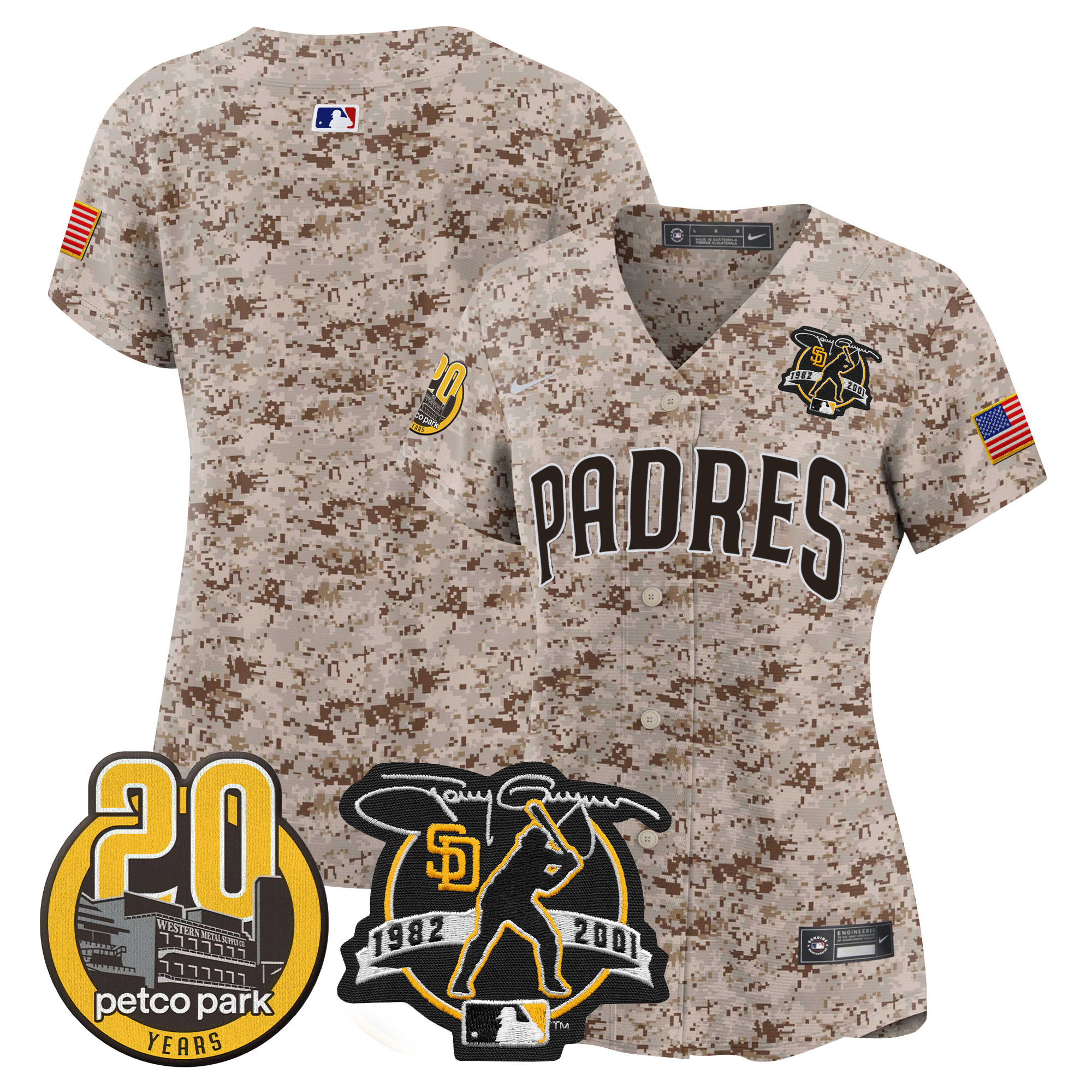 Team Women's San Diego Padres Tony Gwynn & Petco Park 20th Patch USMC Vapor Premier Limited Desert Jersey - All Stitched