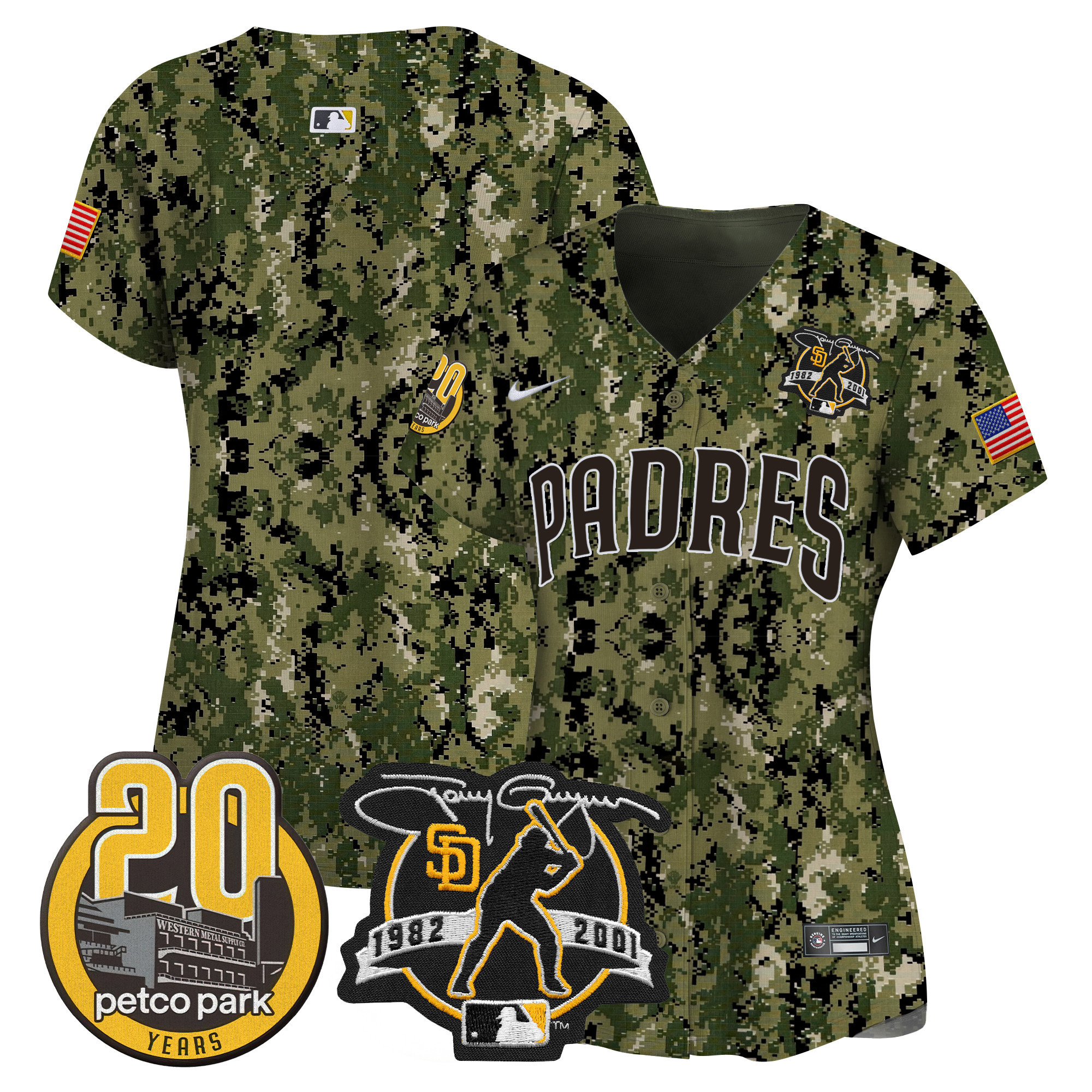 Team Women's San Diego Padres Tony Gwynn & Petco Park 20th Patch USMC Vapor Premier Limited Woodland Jersey - All Stitched