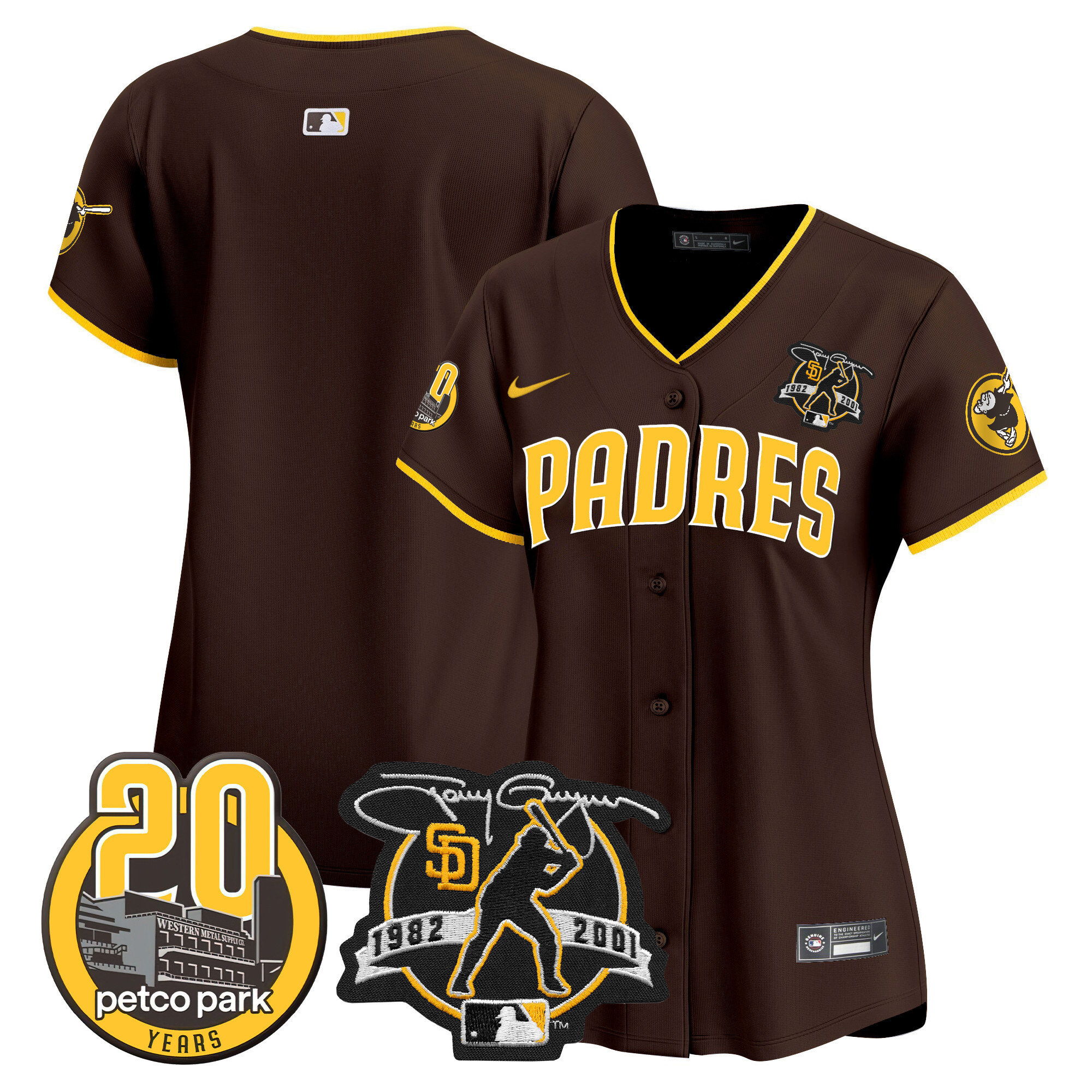 Team Women's San Diego Padres Tony Gwynn & Petco Park 20th Patch Vapor Premier Limited Brown Jersey - All Stitched
