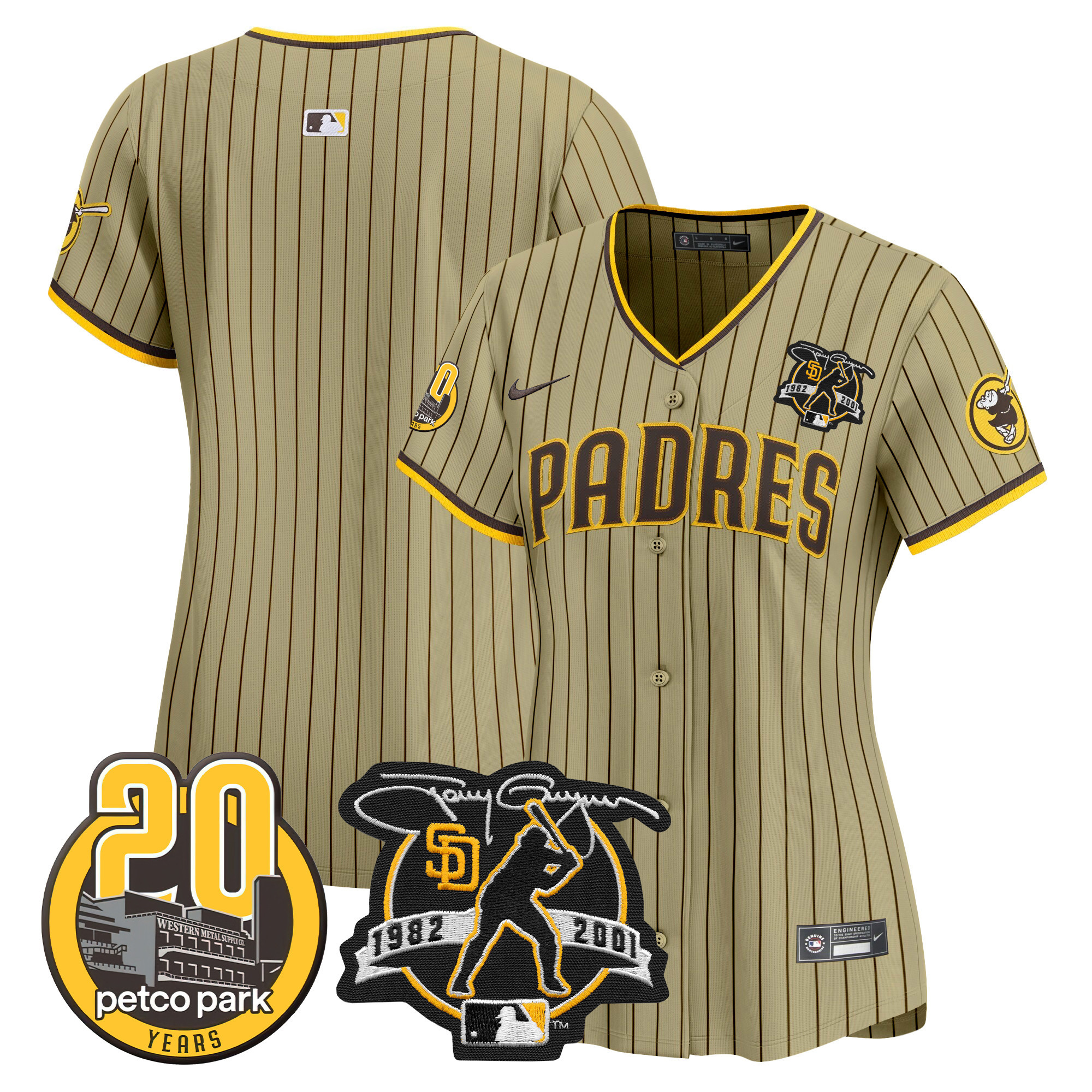 Team Women's San Diego Padres Tony Gwynn & Petco Park 20th Patch Vapor Premier Limited Tan Jersey - All Stitched