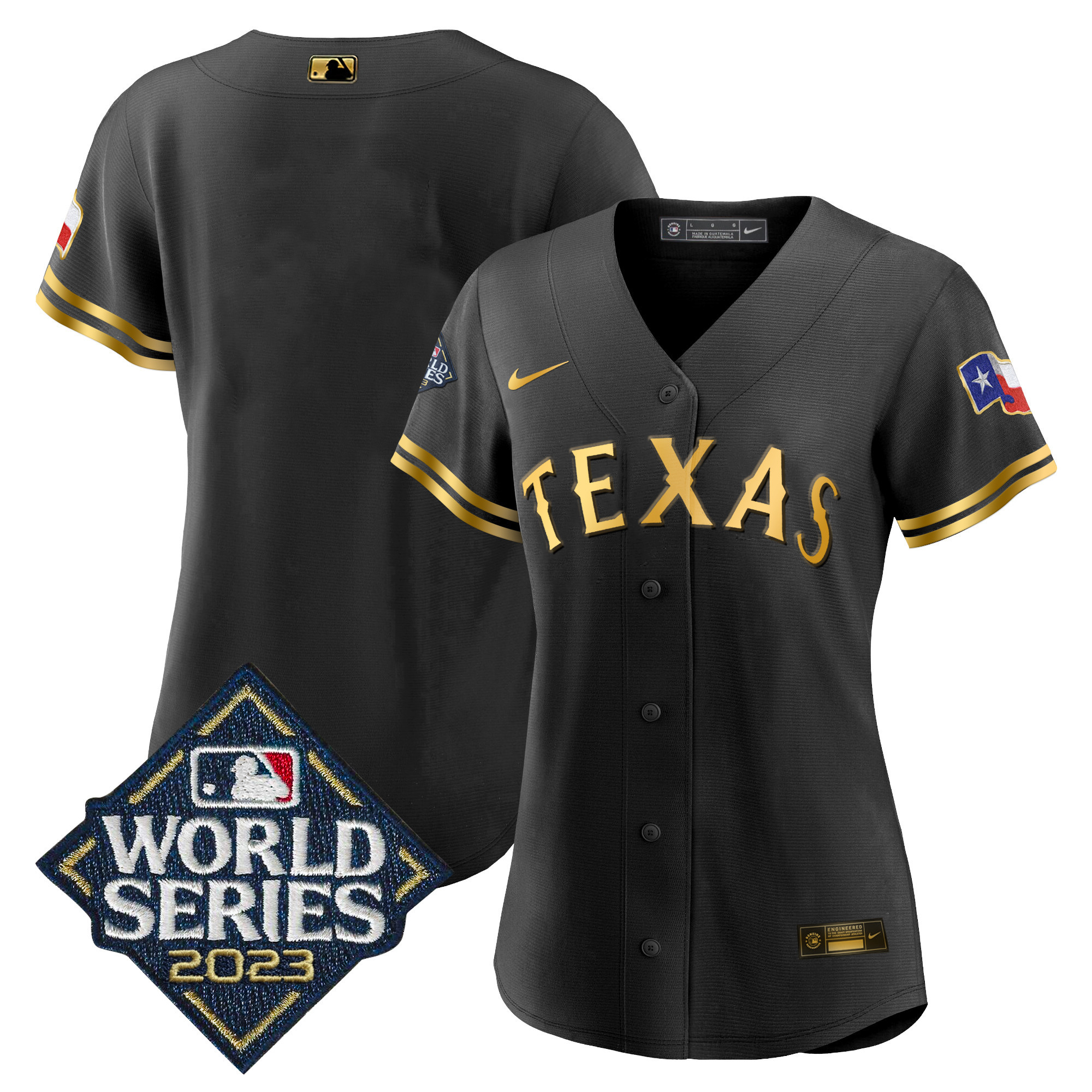 Team Women's Texas Rangers 2023 World Series Baseball Black Gold Jersey - All Stitched