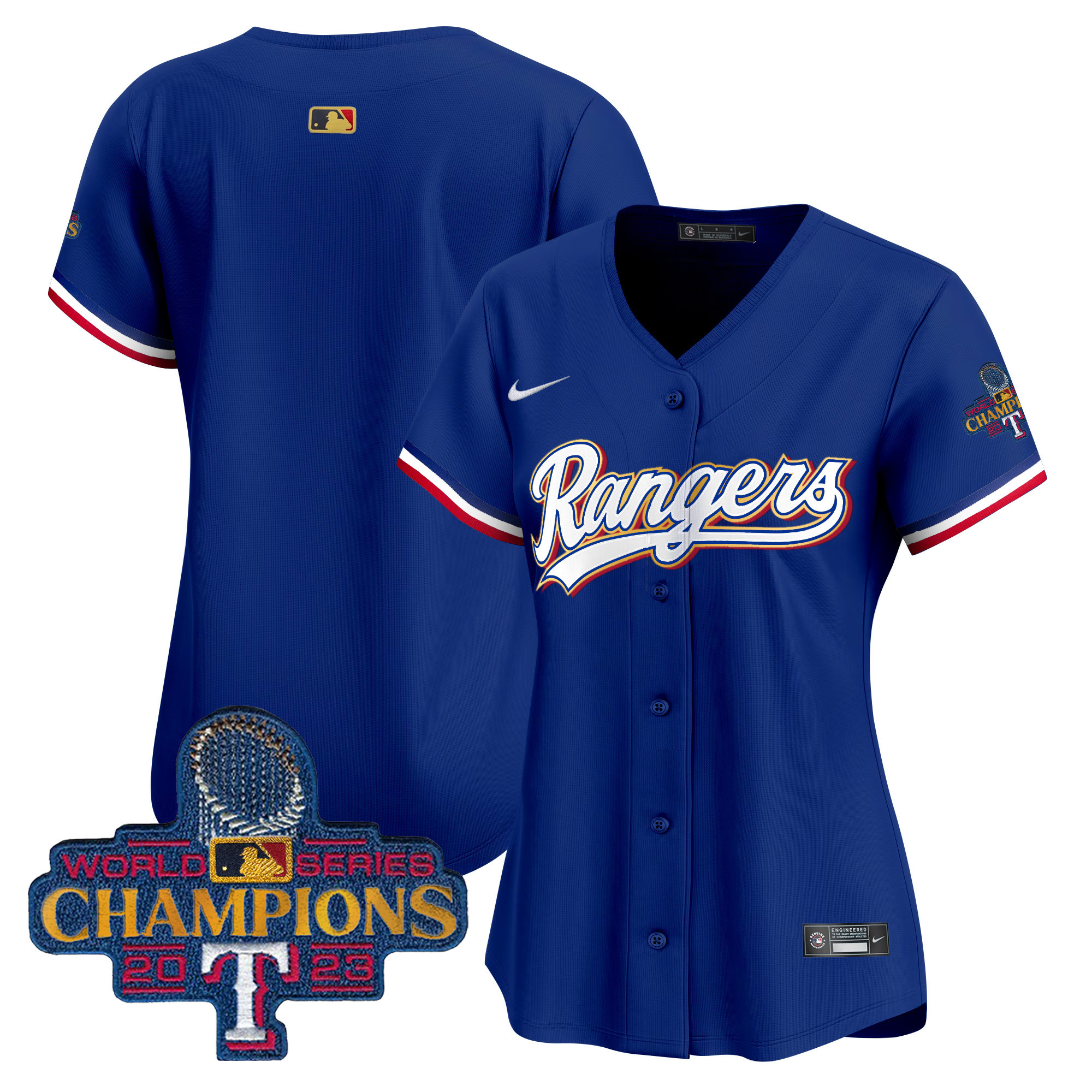 Team Women's Texas Rangers 2023 World Series Champions Gold Trim Vapor Premier Limited Royal Jersey - All Stitched
