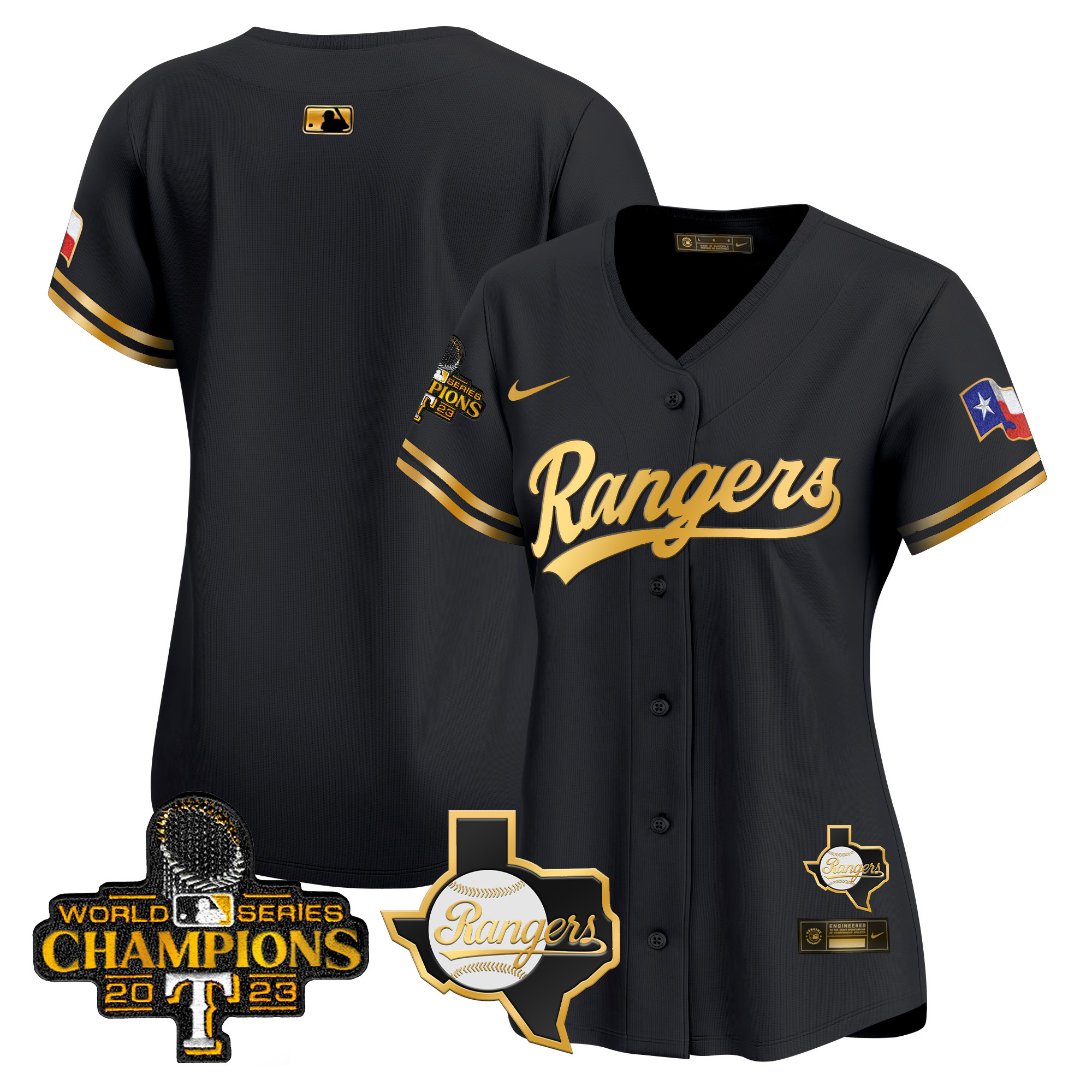 Team Women's Texas Rangers 2023 World Series Champions Gold Trim Vapor Premier Limited V2 Black Gold Jersey - All Stitched