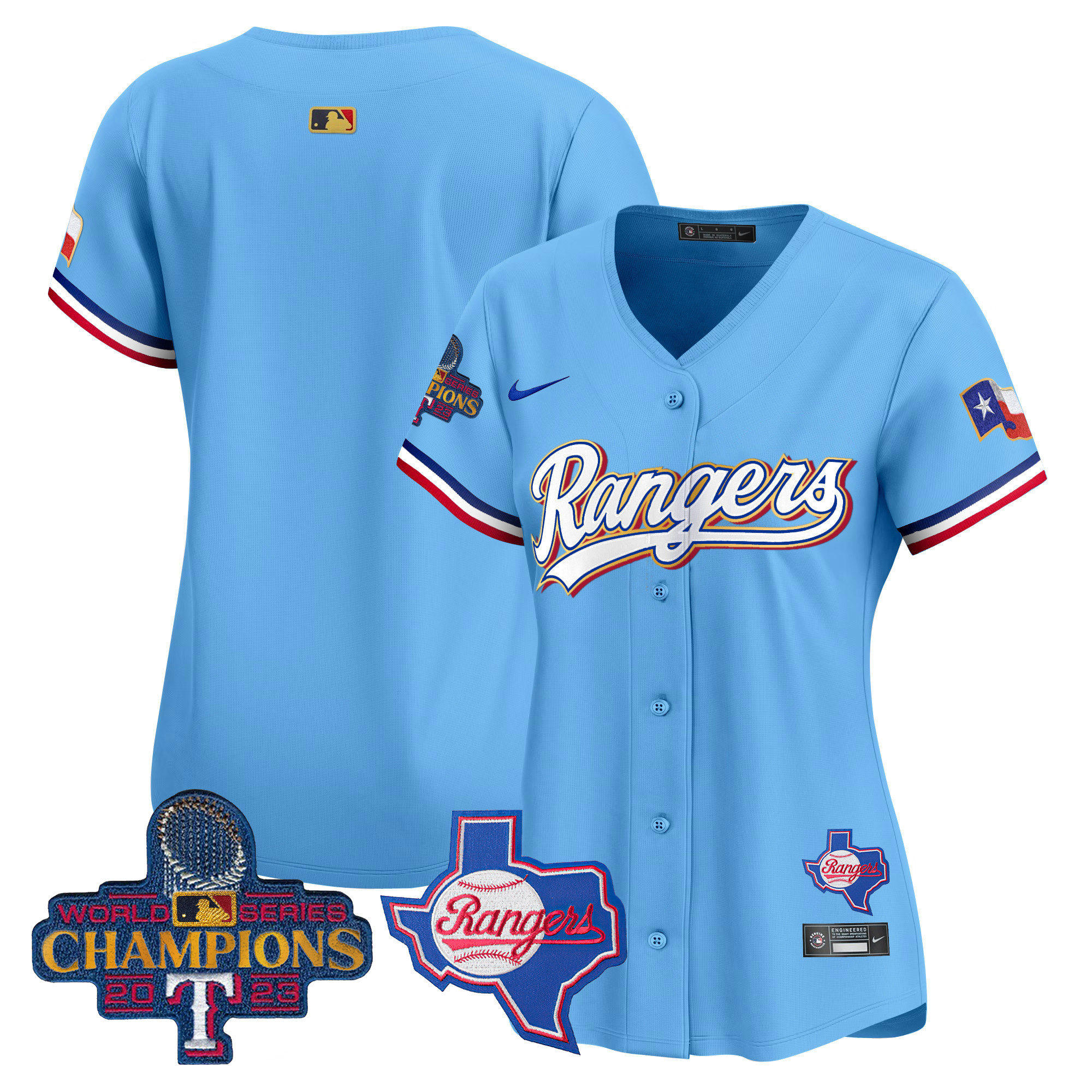 Team Women's Texas Rangers 2023 World Series Champions Gold Trim Vapor Premier Limited V2 Blue Jersey - All Stitched