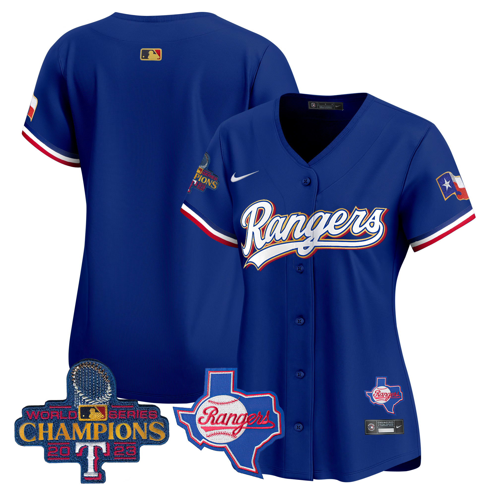 Team Women's Texas Rangers 2023 World Series Champions Gold Trim Vapor Premier Limited V2 Royal Jersey - All Stitched