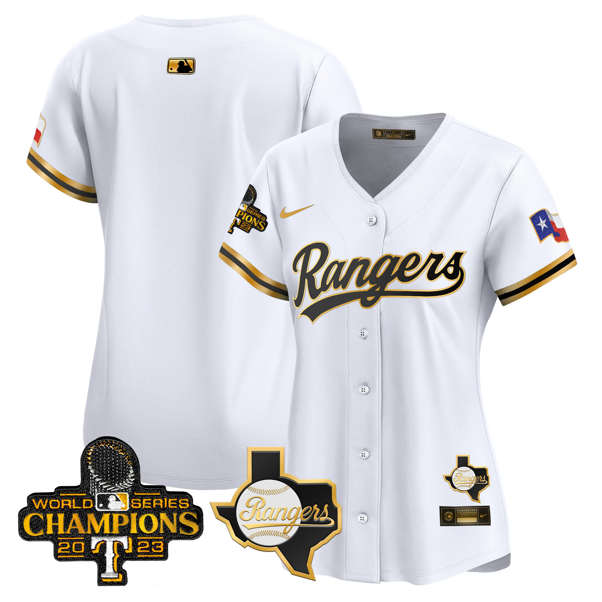 Team Women's Texas Rangers 2023 World Series Champions Gold Trim Vapor Premier Limited V2 White Gold Jersey - All Stitched