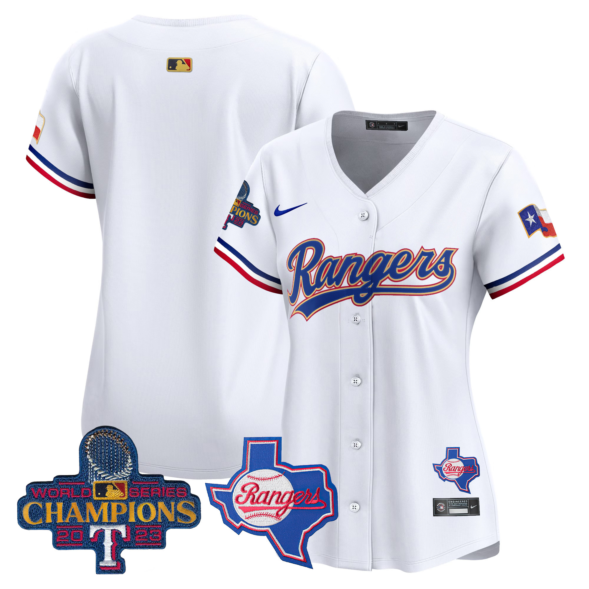 Team Women's Texas Rangers 2023 World Series Champions Gold Trim Vapor Premier Limited V2 White Jersey - All Stitched