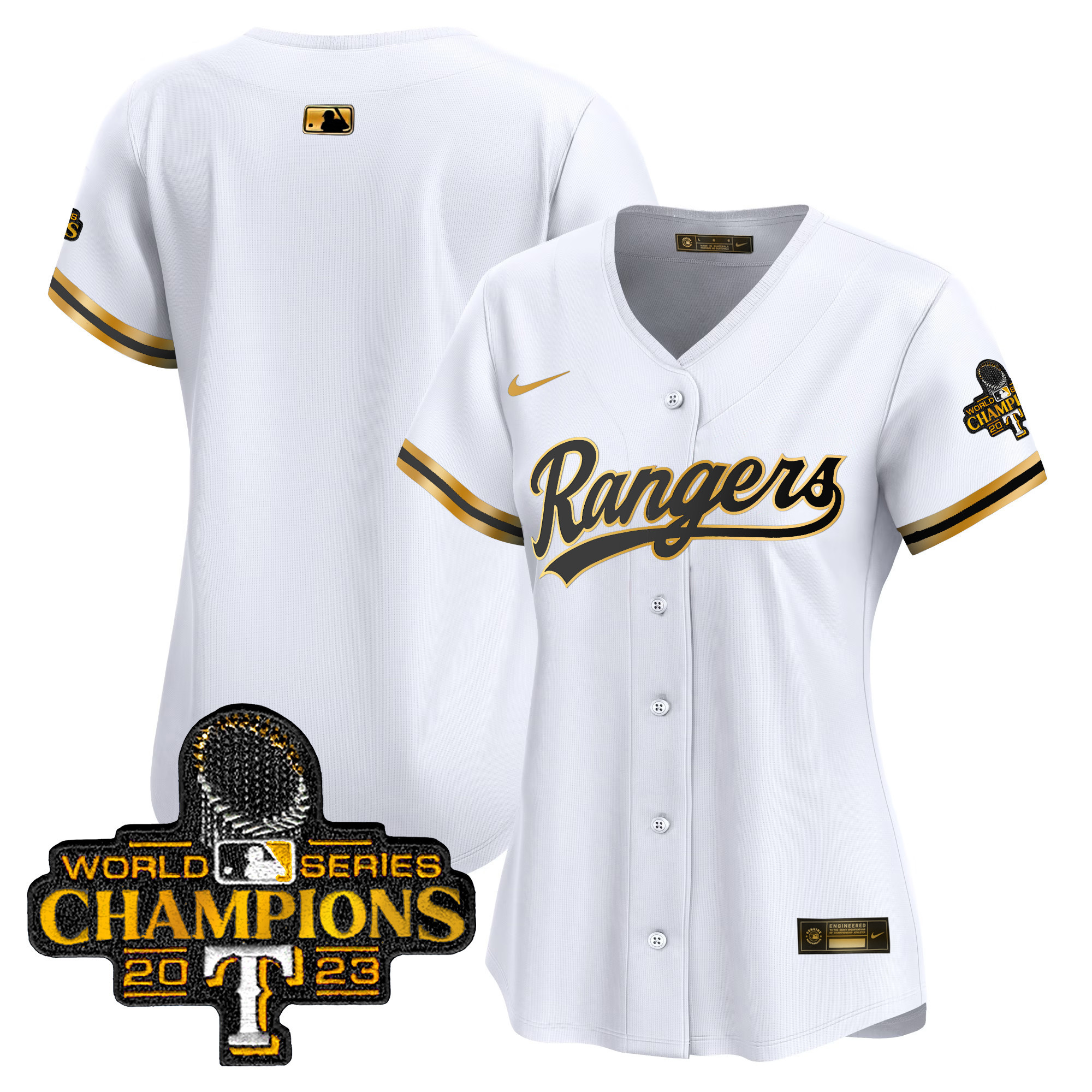 Team Women's Texas Rangers 2023 World Series Champions Gold Trim Vapor Premier Limited White Gold Jersey - All Stitched