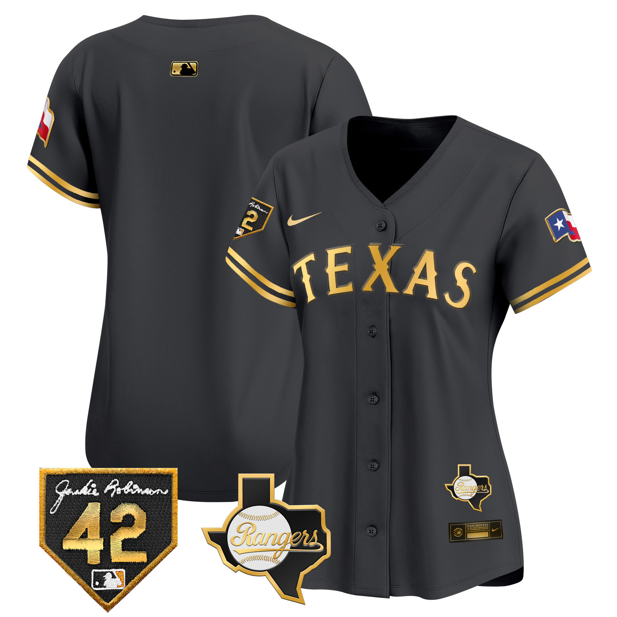 Team Women's Texas Rangers 2024 Jackie Robinson Patch Vapor Premier Limited Black Gold Jersey - All Stitched