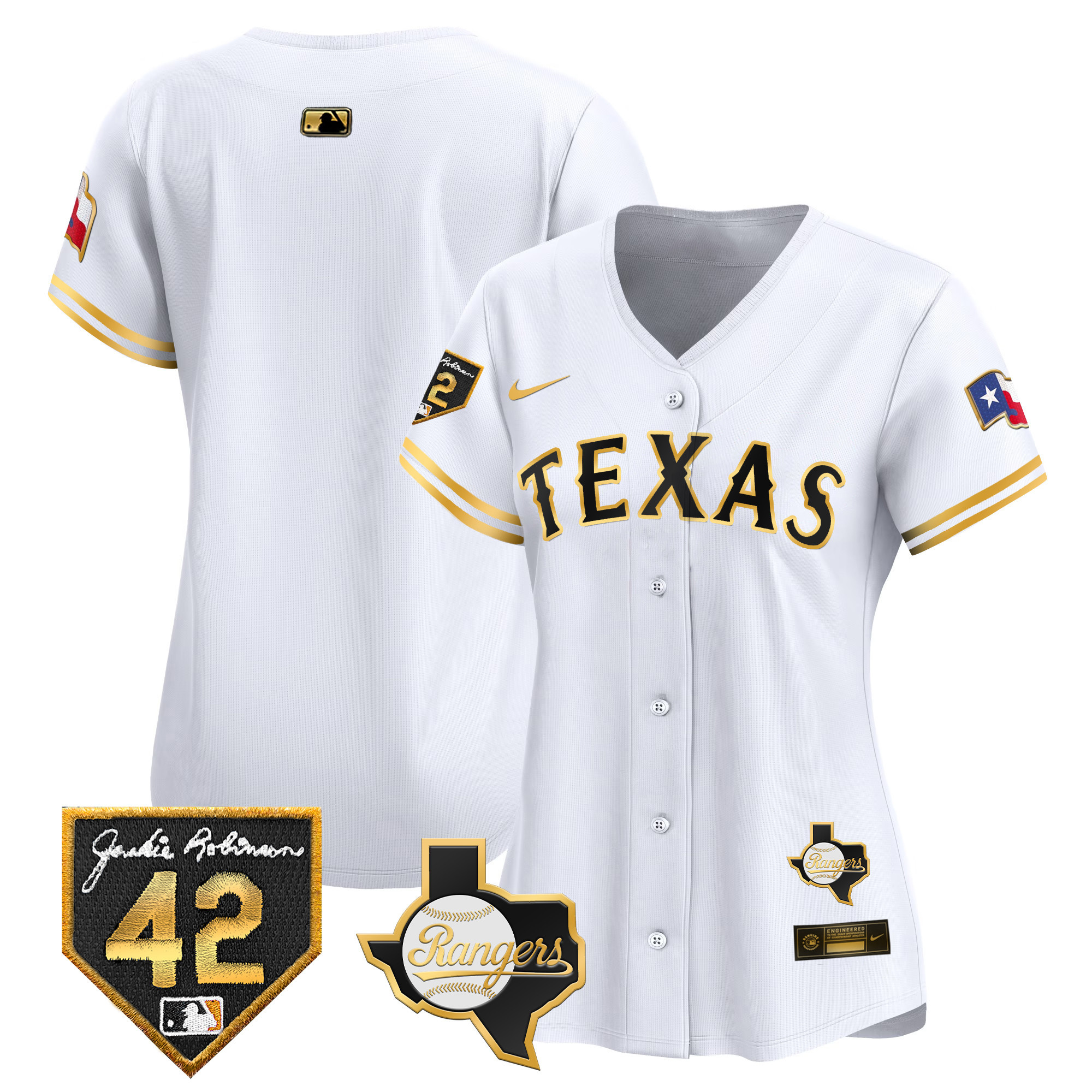 Team Women's Texas Rangers 2024 Jackie Robinson Patch Vapor Premier Limited White Gold Jersey - All Stitched