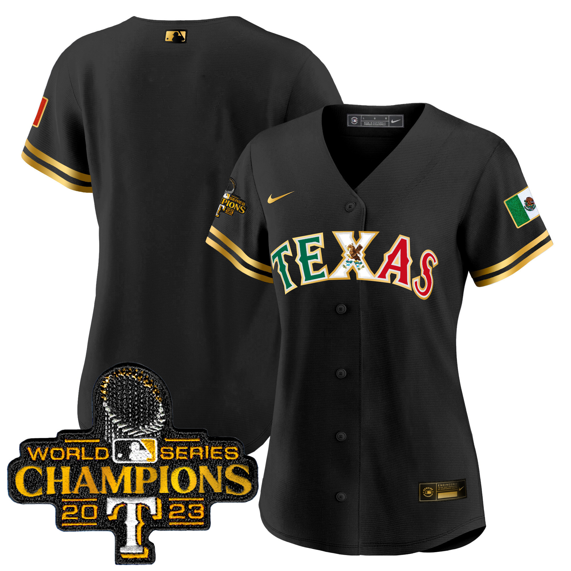Team Women's Texas Rangers Mexico 2023 World Series Champions Baseball Black Gold Jersey - All Stitched