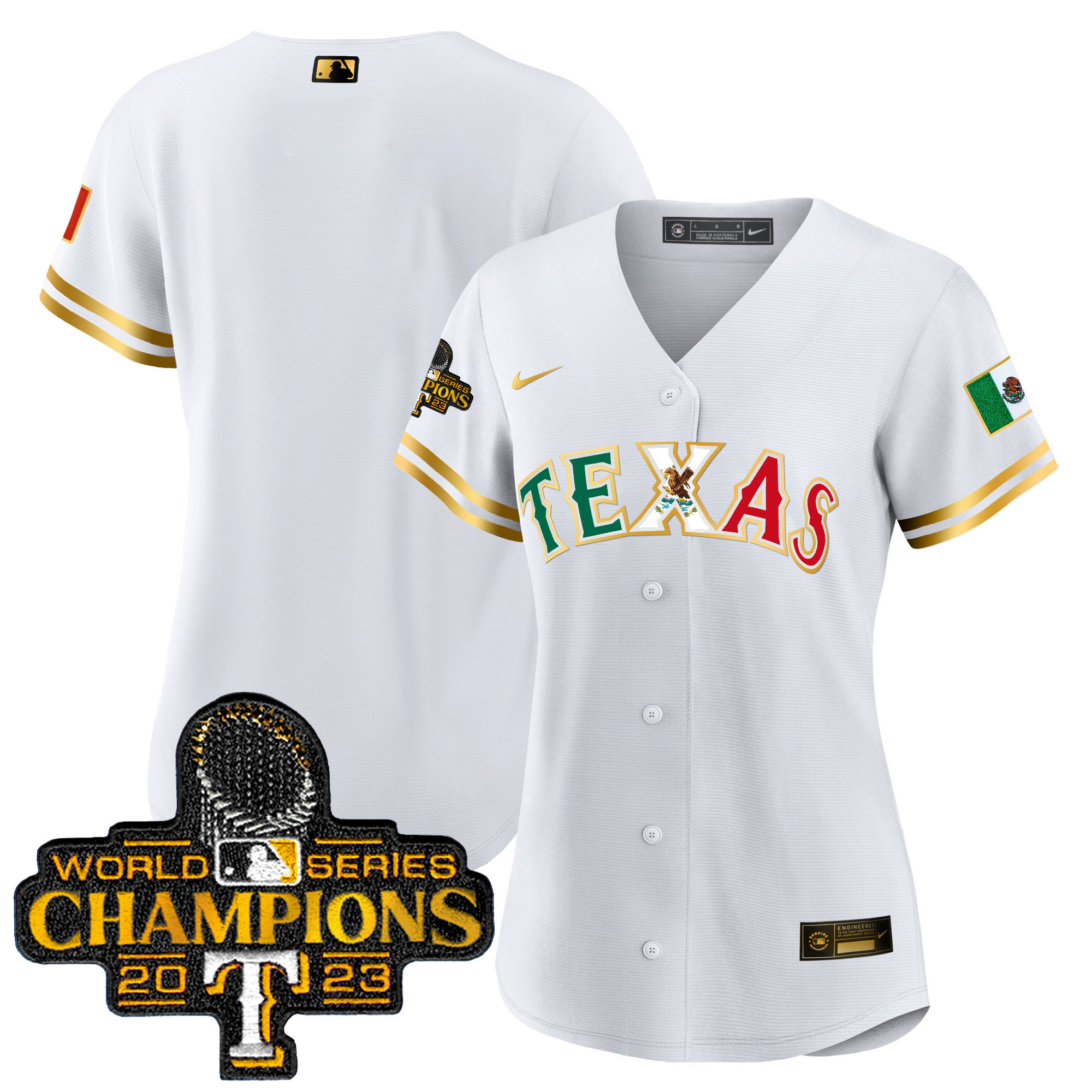 Team Women's Texas Rangers Mexico 2023 World Series Champions Baseball White Gold Jersey - All Stitched