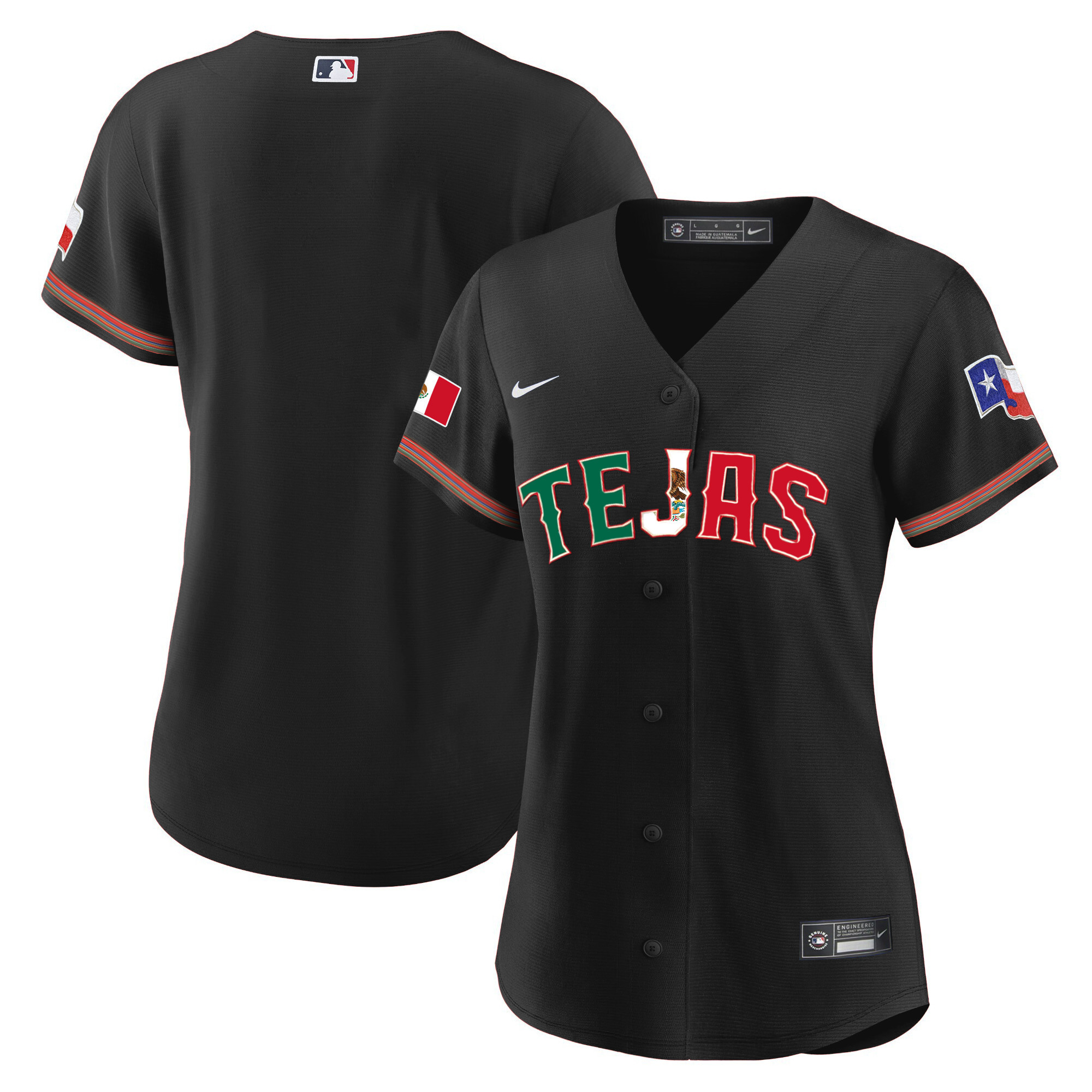Team Women's Texas Rangers Mexico Flag Black Jersey - All Stitched