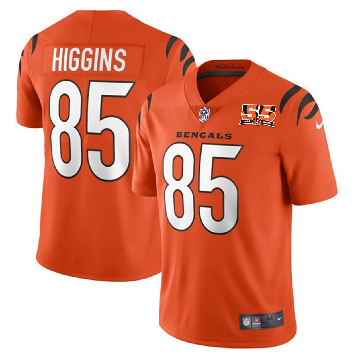 Tee Higgins Men's Cincinnati Bengals 55th 1968 - 2022 Anniversary Patch Player Vapor Limited Orange Jersey - All Stitched 