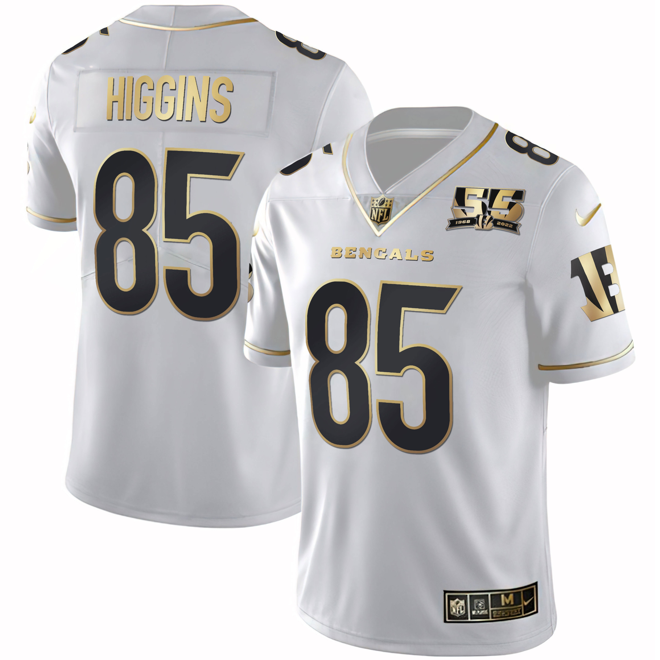 Tee Higgins Men's Cincinnati Bengals 55th 1968 - 2022 Anniversary Patch White Gold & Black Gold White Gold Jersey - All Stitched 