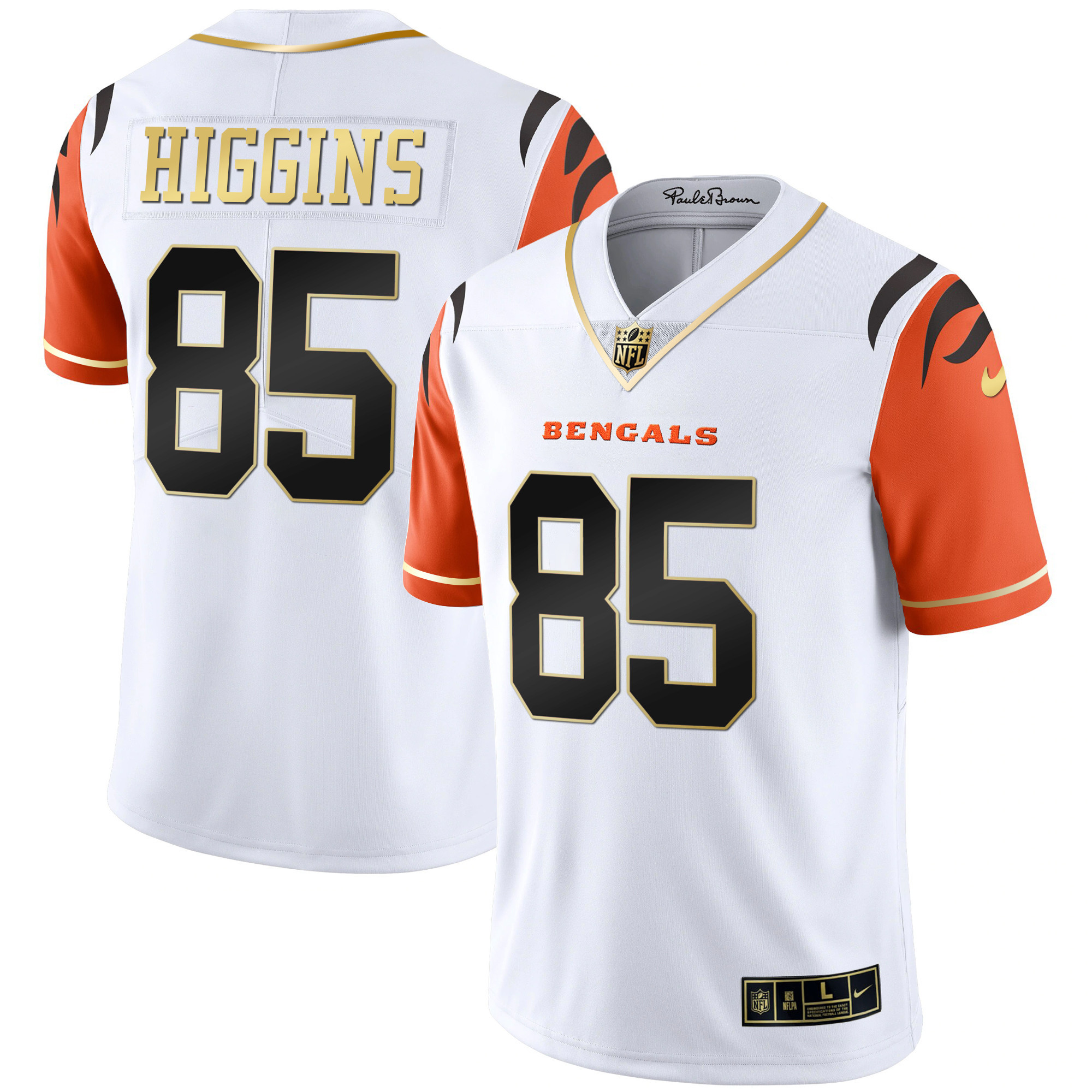 Tee Higgins Men's Cincinnati Bengals Black Gold & White Gold Vapor Orange Sleeves Jersey - All Stitched 