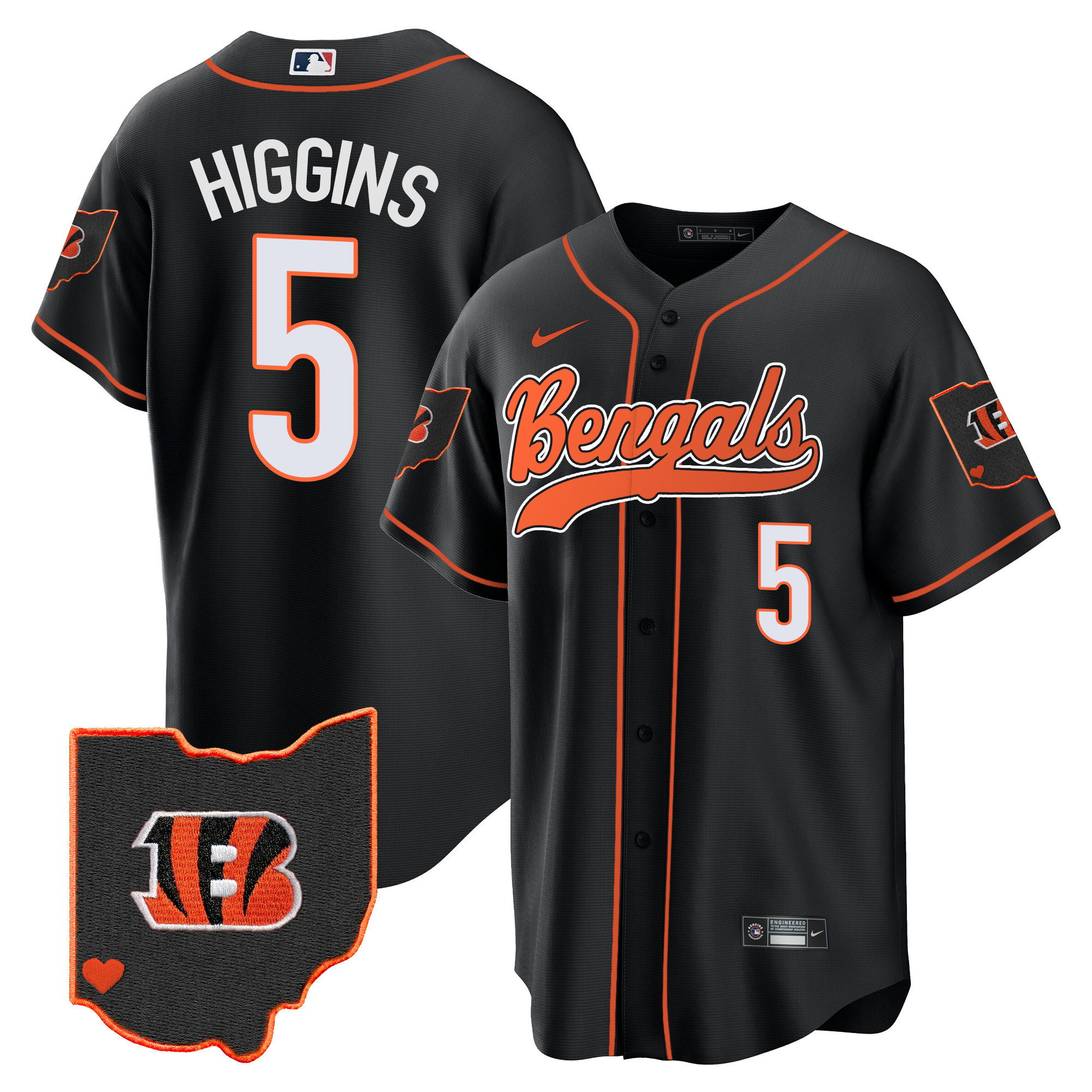 Tee Higgins Men's Cincinnati Bengals Ohio Patch Baseball Black Jersey - All Stitched 