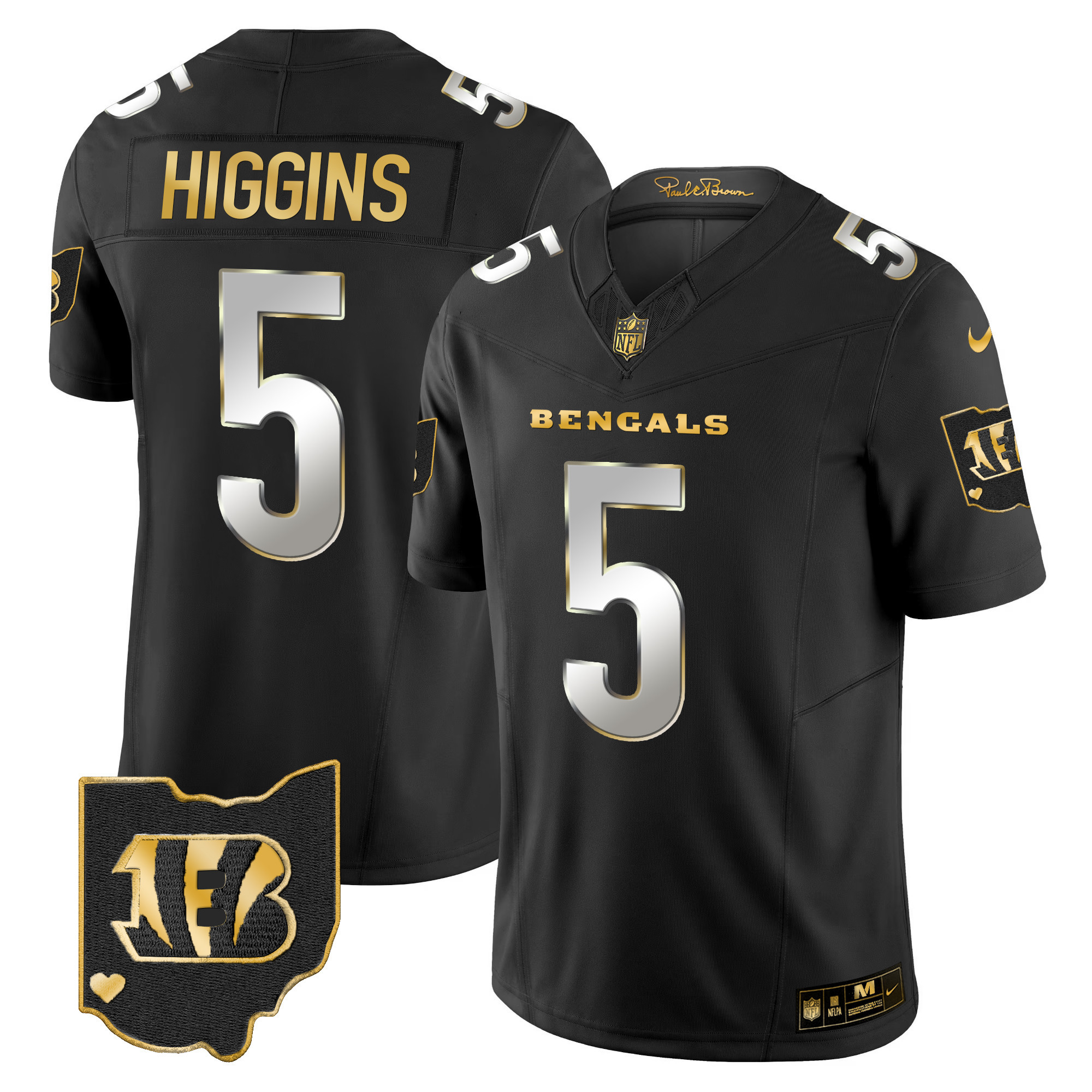 Tee Higgins Men's Cincinnati Bengals Ohio Patch Gold Vapor Limited Black Limited Jersey - All Stitched 