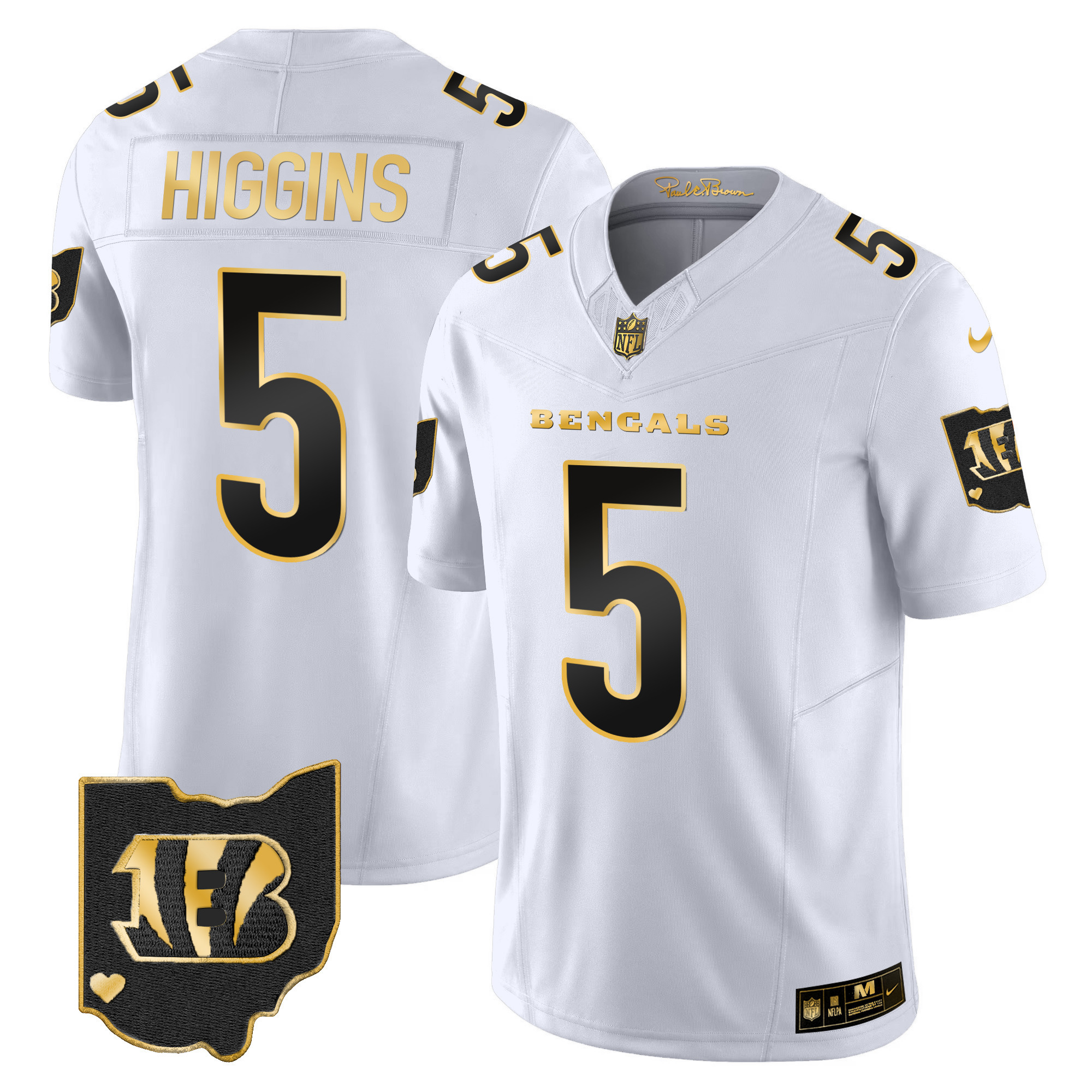 Tee Higgins Men's Cincinnati Bengals Ohio Patch Gold Vapor Limited White Gold Jersey - All Stitched 