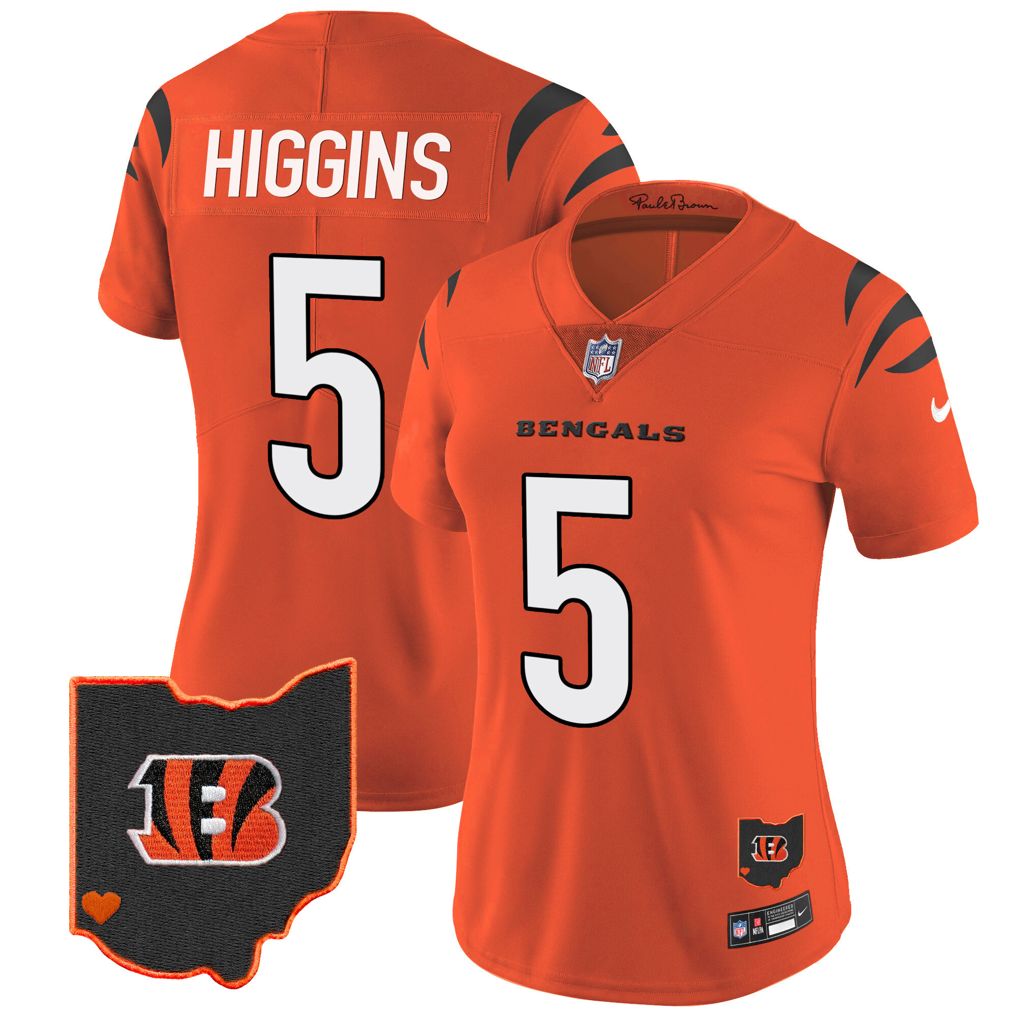 Tee Higgins Women's Cincinnati Bengals Ohio Patch Vapor Limited Orange Jersey - All Stitched 