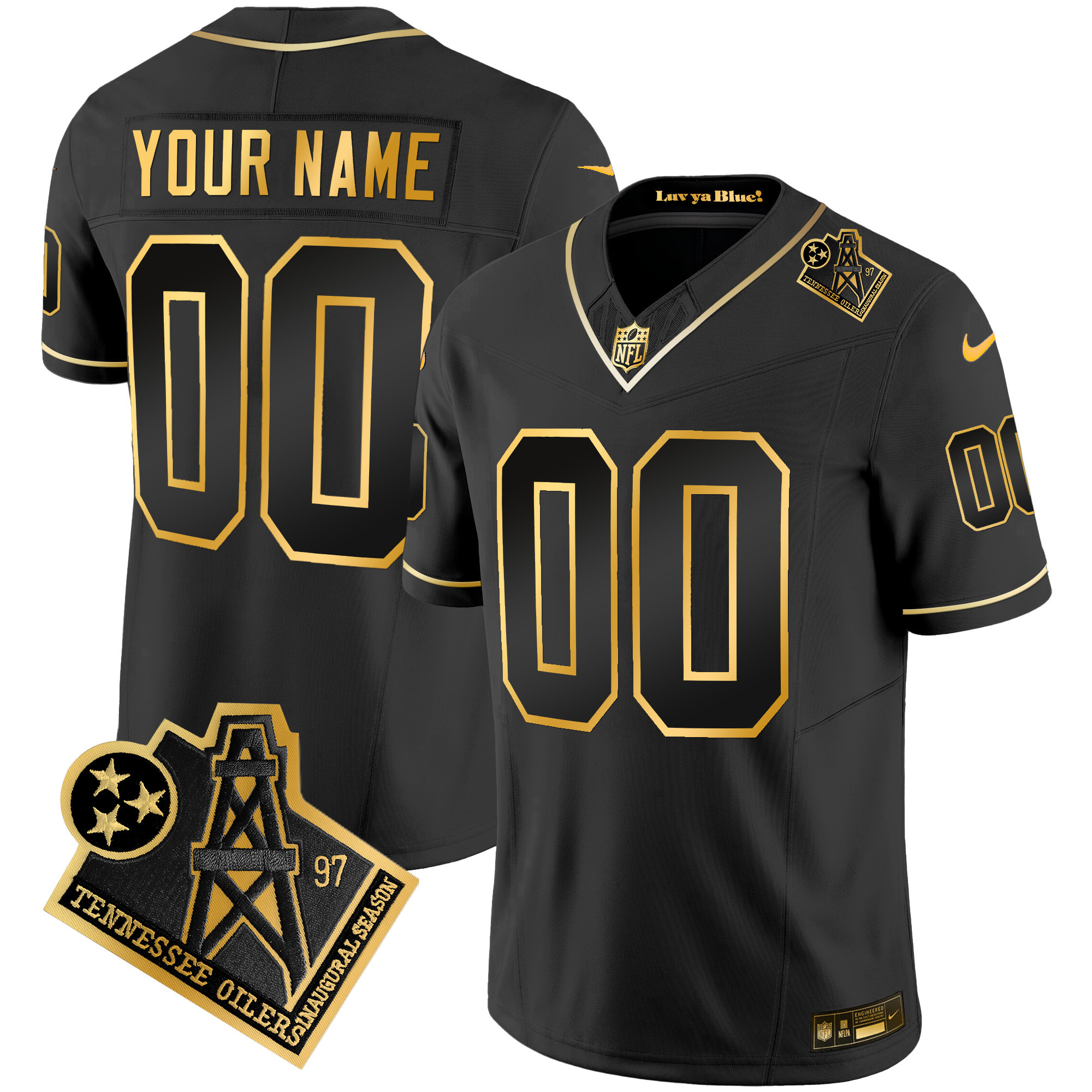 Tennessee Titans 1997 Throwback Gold Vapor Custom Black Gold Jersey - All Stitched 