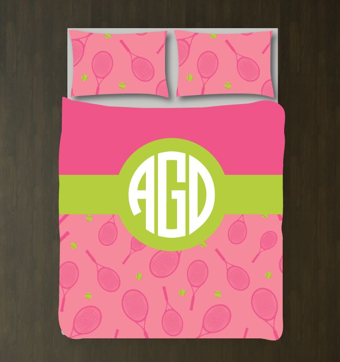 Tennis Ball And Racket With Circle Monogram Customized Bubble Gum Pink, Bright Chartreuse And White Duvet Cover Bedding Set