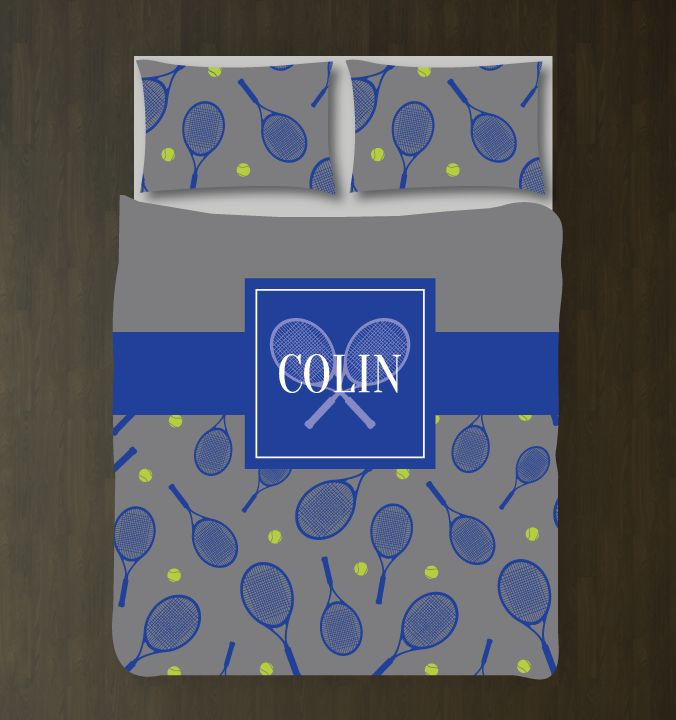 Tennis Ball And Racket With Name Customized Grey, Royal Blue, And Bright Chartreuse Duvet Cover Bedding Set