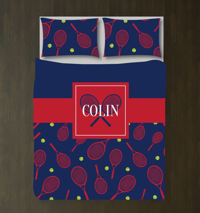 Tennis Ball And Racket With Name Customized Navy, Red, And Bright Chartreuse Duvet Cover Bedding Set
