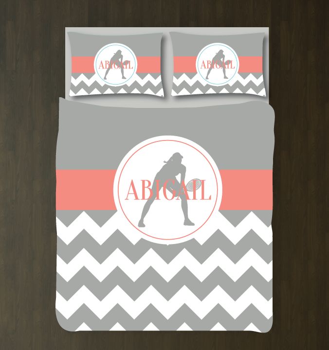 Tennis Chevron Customized Grey, Coral And White Duvet Cover Bedding Set