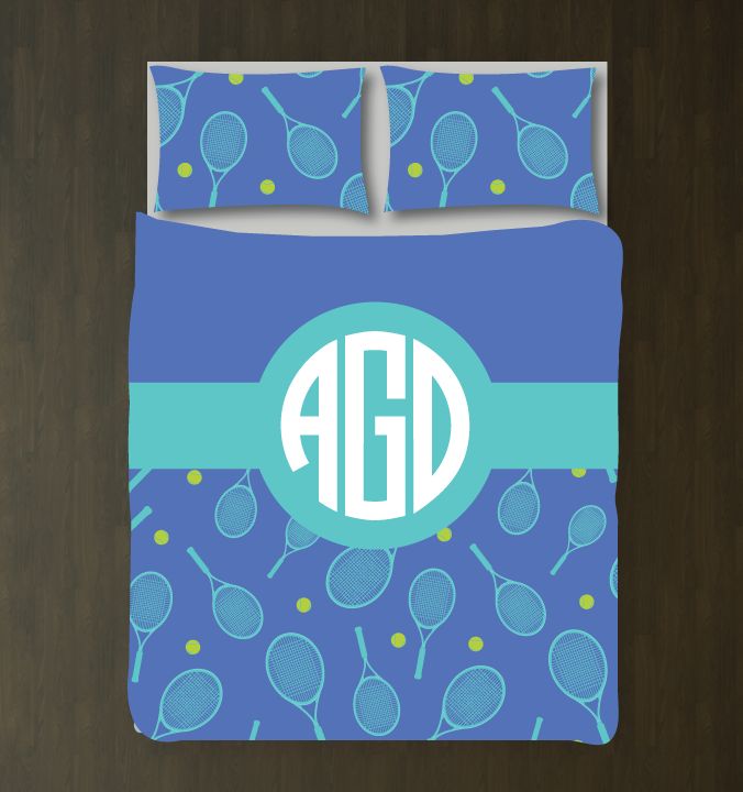 Tennis Themed For Girls And Teens Rack And Balls Circle Monogram Preppy Dorm Room Decor Lime Green, Pool, Periwinkle 3D Customized Duvet Cover Bedding Set