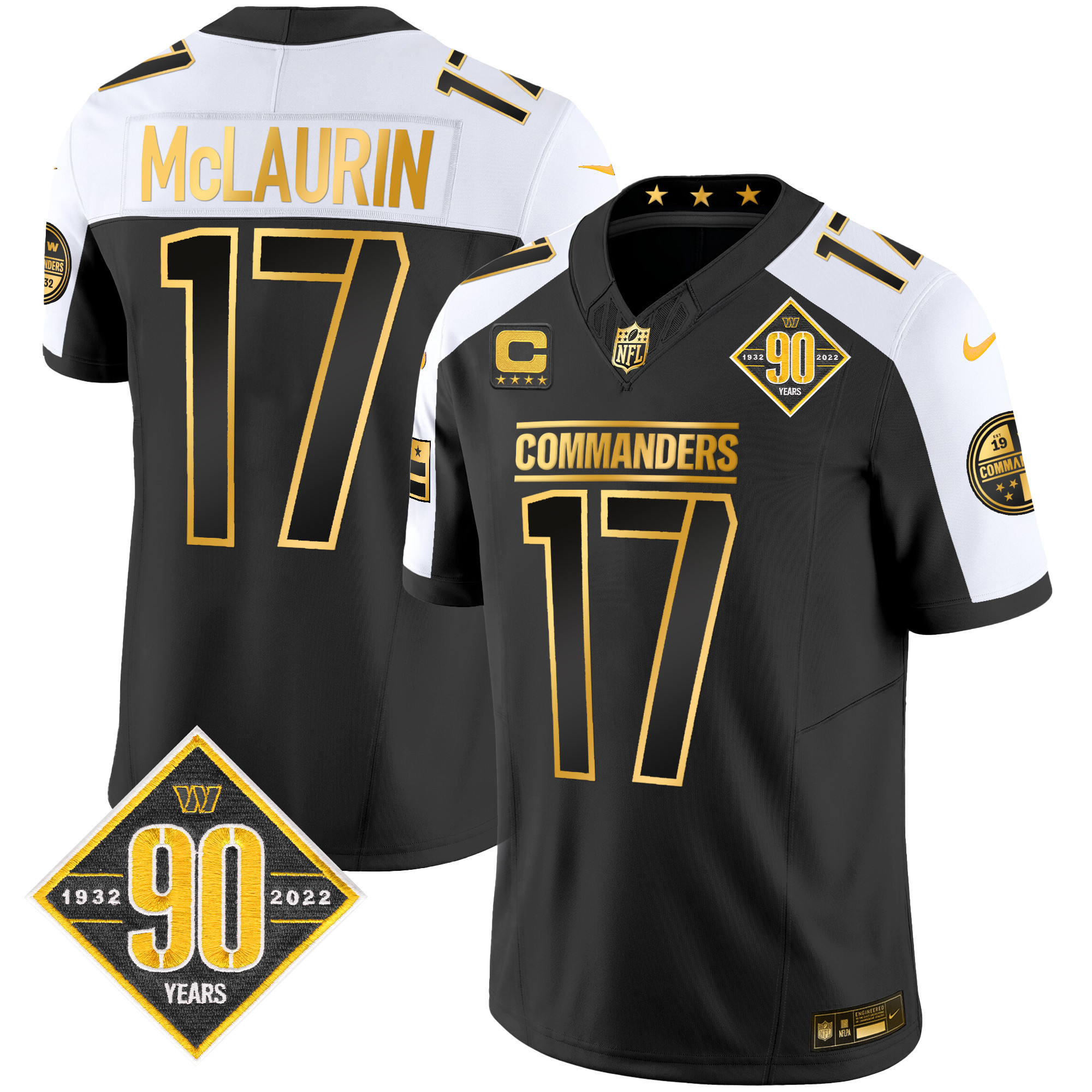 Terry McLaurin Men's Washington Commanders 90th Anniversary Patch Gold Vapor Alternate Jersey - All Stitched 