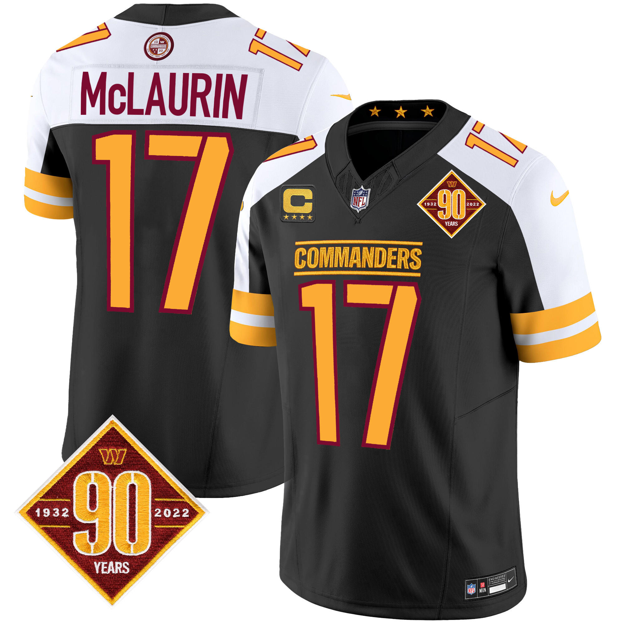 Terry McLaurin Men's Washington Commanders 90th Anniversary Patch Vapor Black Alternate Jersey - All Stitched 