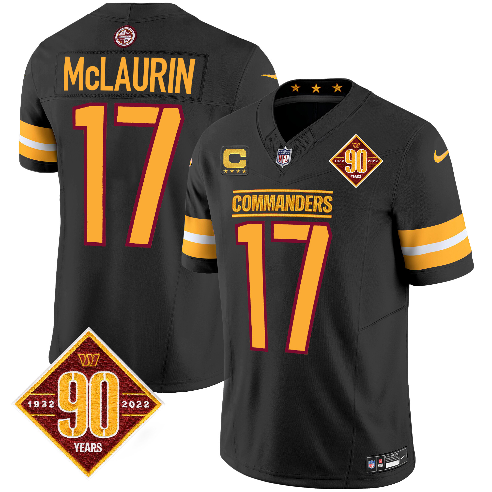 Terry McLaurin Men's Washington Commanders 90th Anniversary Patch Vapor Black Jersey - All Stitched 