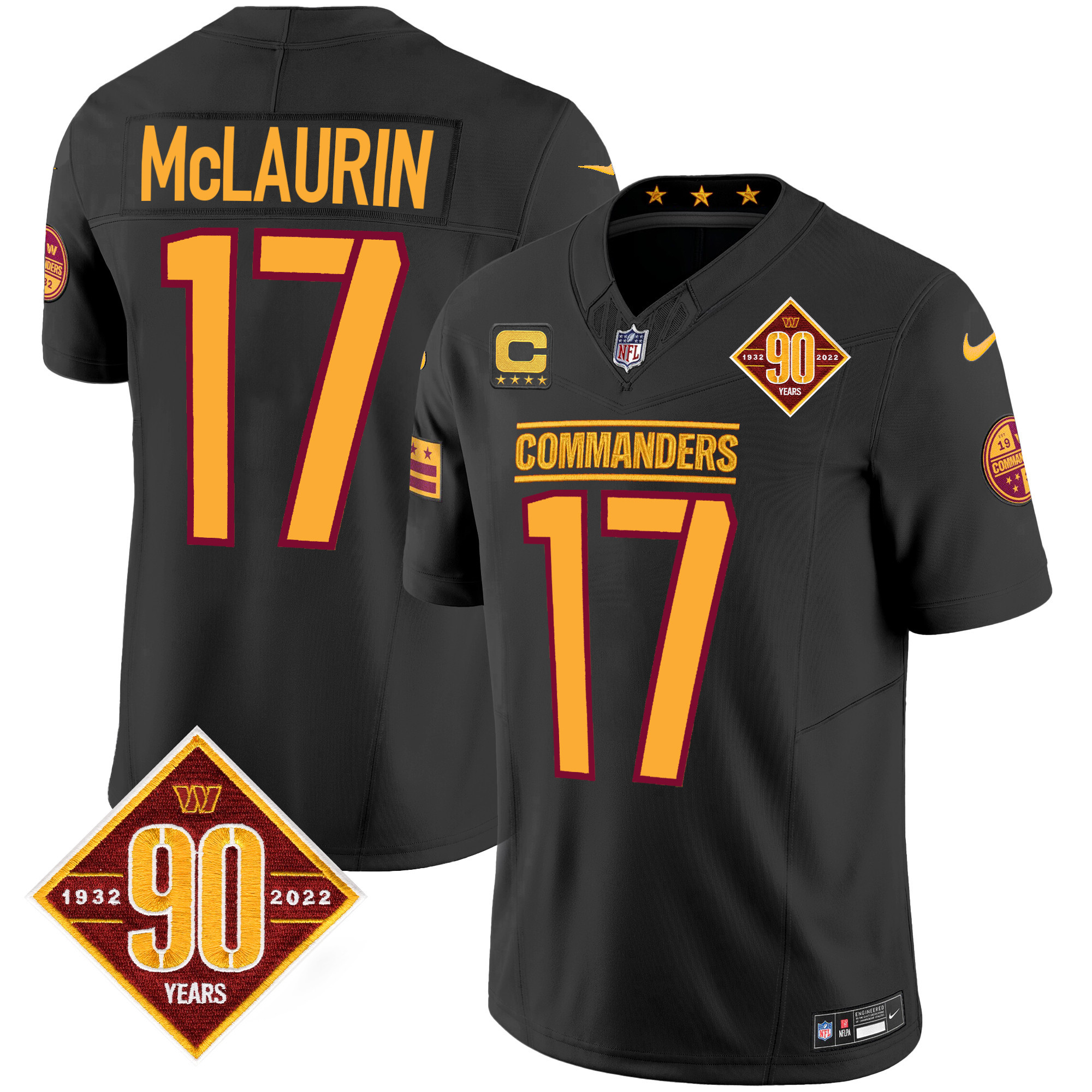 Terry McLaurin Men's Washington Commanders 90th Anniversary Patch Vapor Black Jersey - All Stitched 